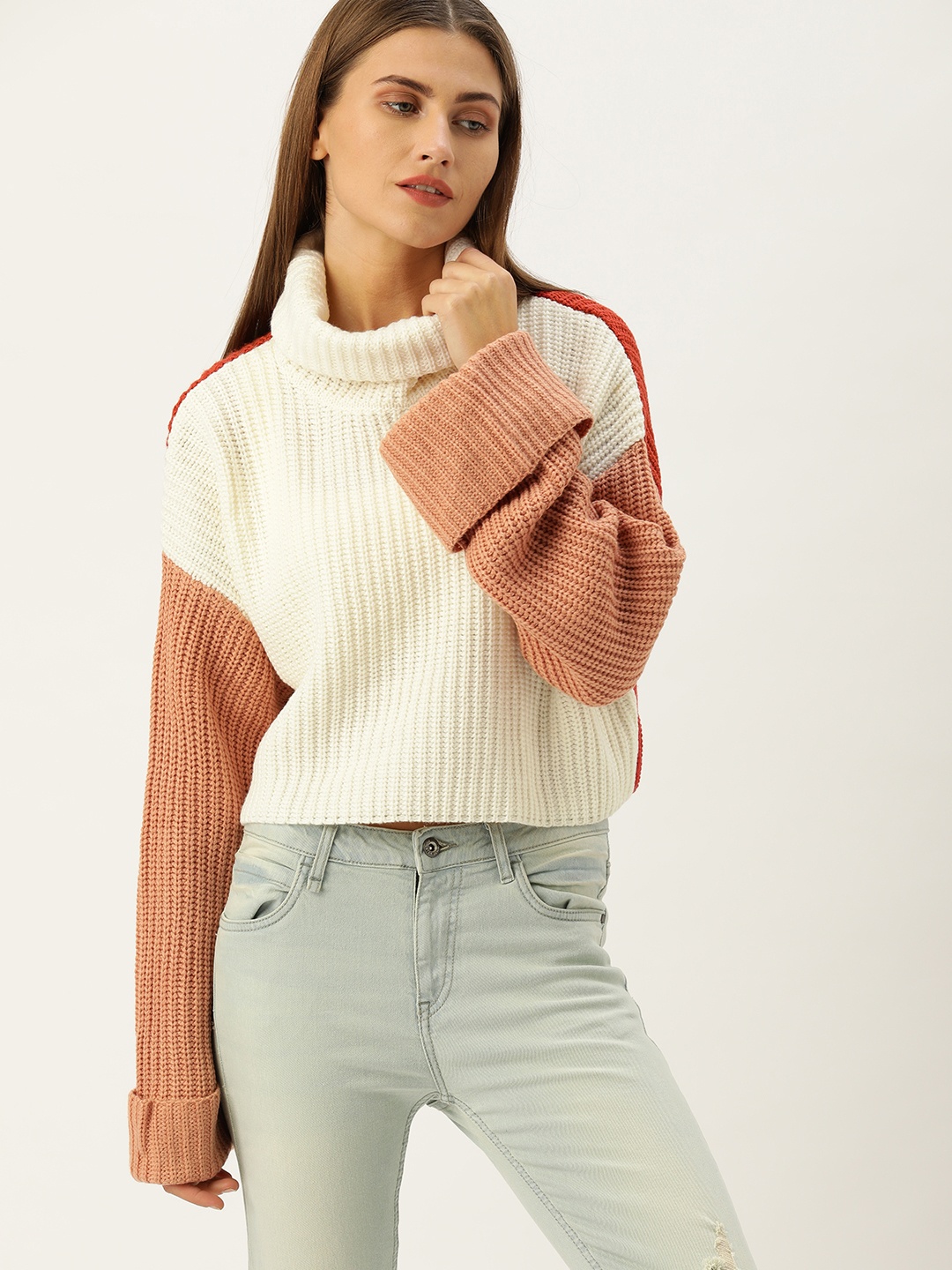 

FOREVER 21 Women White & Nude-coloured Colourblocked Pullover Sweater