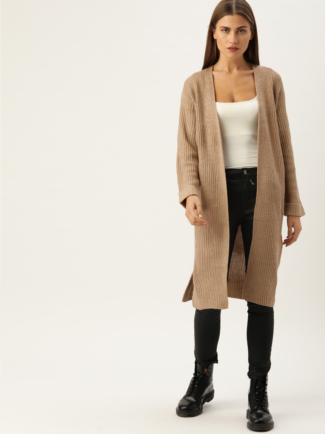 

FOREVER 21 Women Taupe Solid Front-Open Sweater