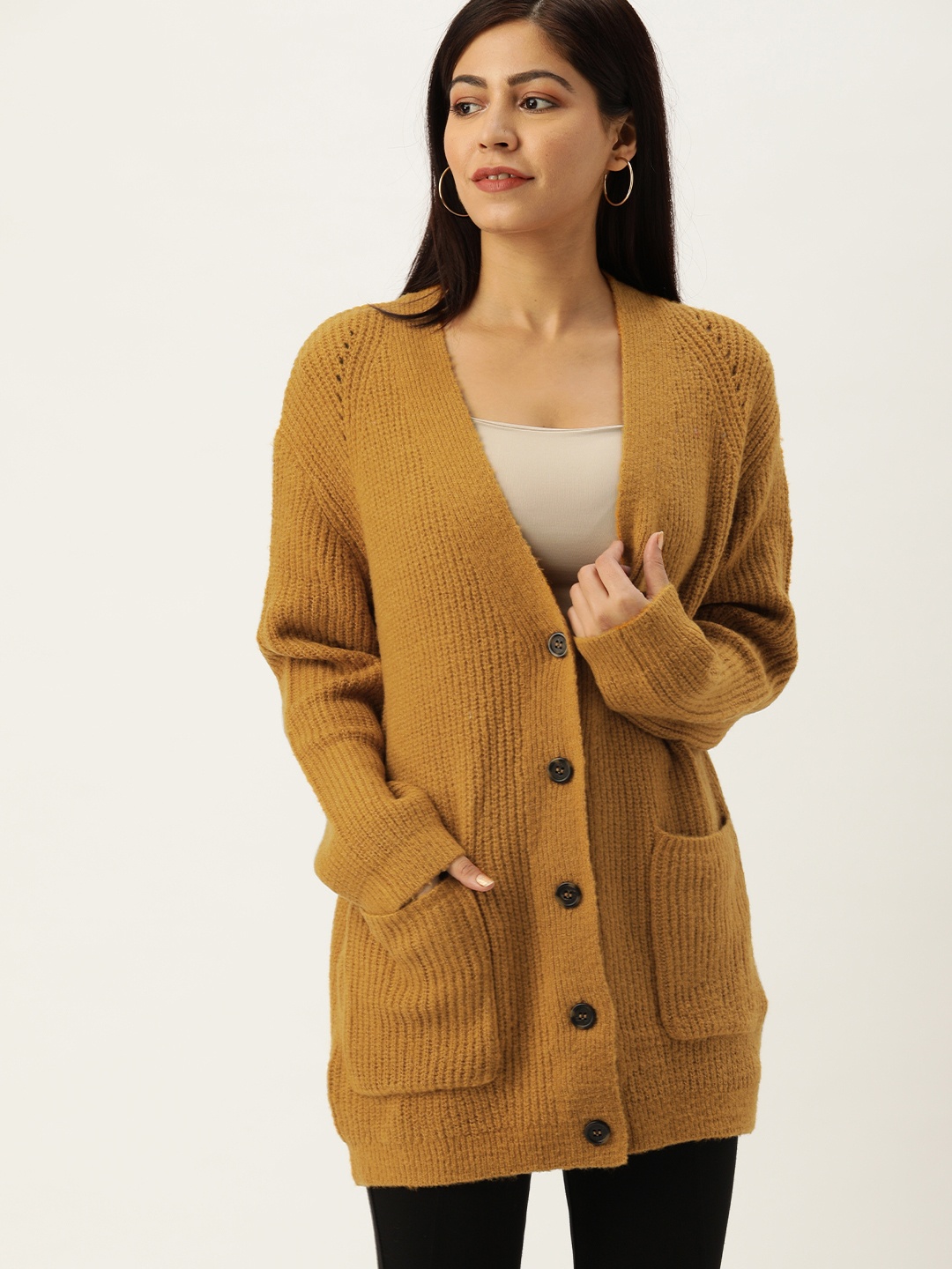 

FOREVER 21 Women Camel Brown Ribbed Cardigan Sweater