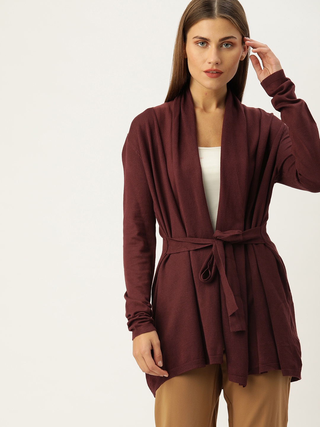 

FOREVER 21 Women Maroon Solid Cardigan Sweater