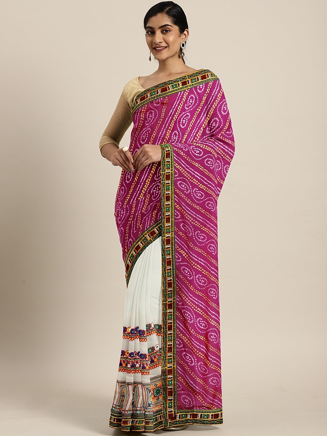 

KALINI Pink & White Pure Georgette Embroidered Saree