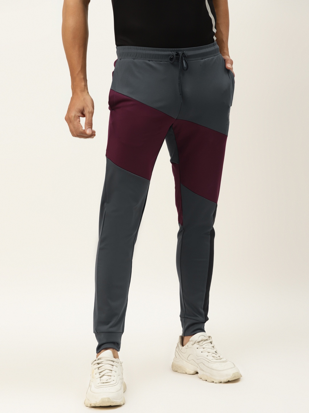 

ACTOHOLIC Men Charcoal Grey & Burgundy Colourblocked Joggers