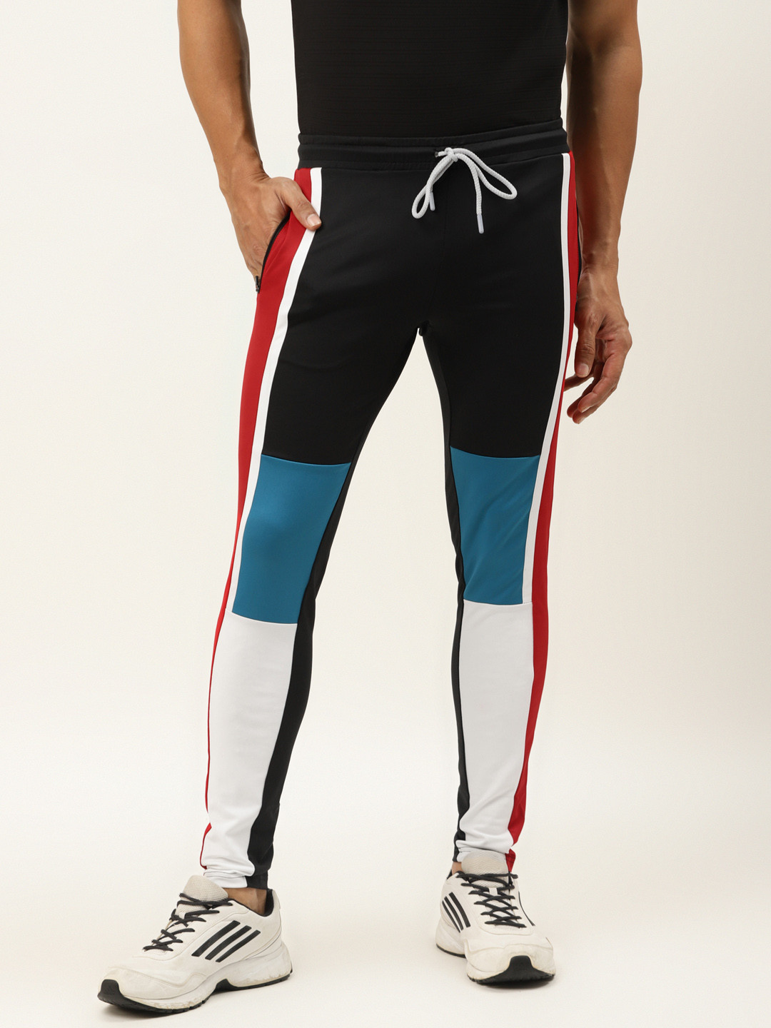 

ACTOHOLIC Men Black & White Colourblocked Track Pants with Striped Detail
