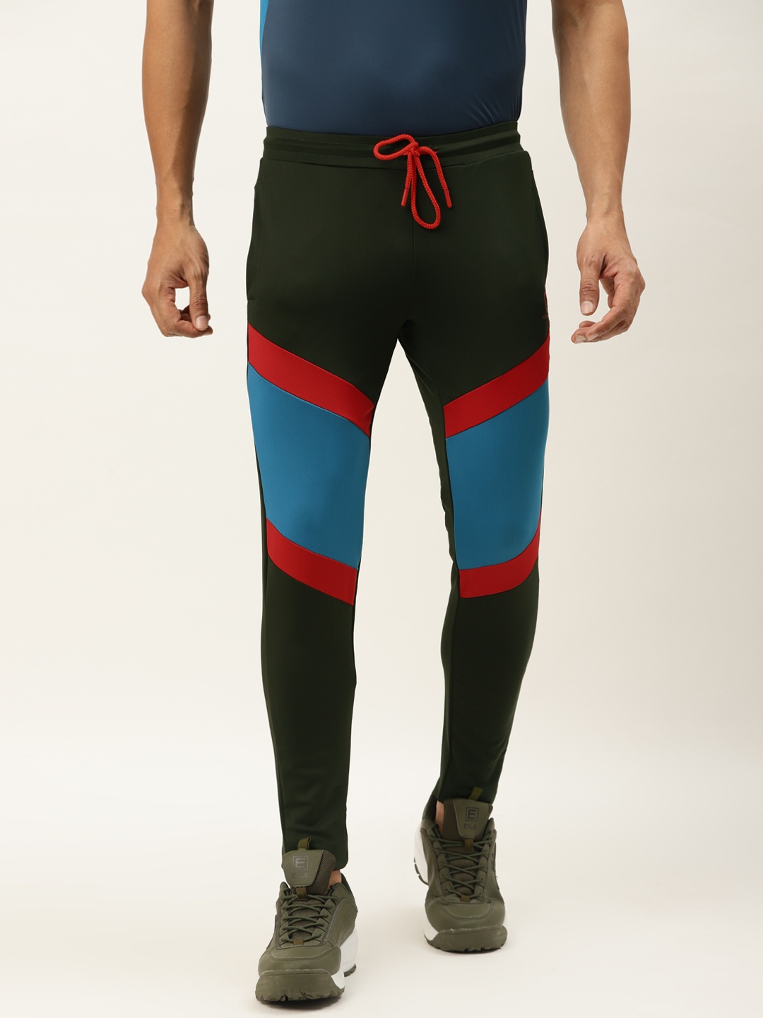 

ACTOHOLIC Men Olive Green & Teal Blue Colourblocked Track Pants