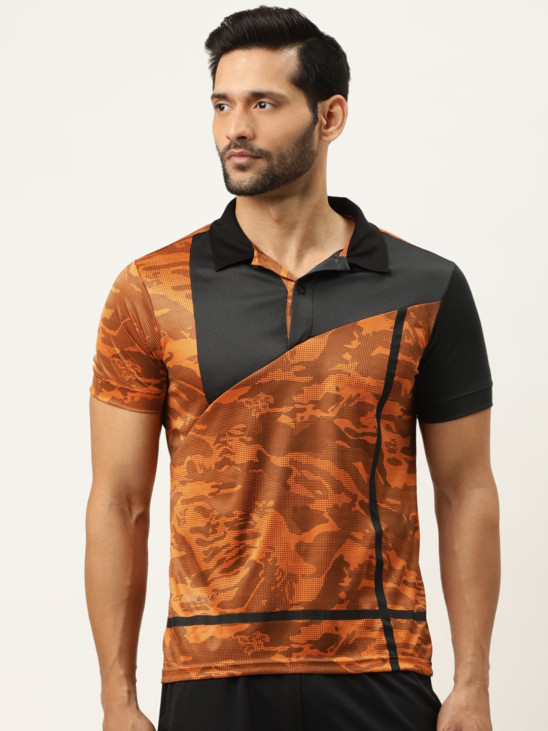 

ACTOHOLIC Men Orange & Black Printed Polo Collar T-shirt