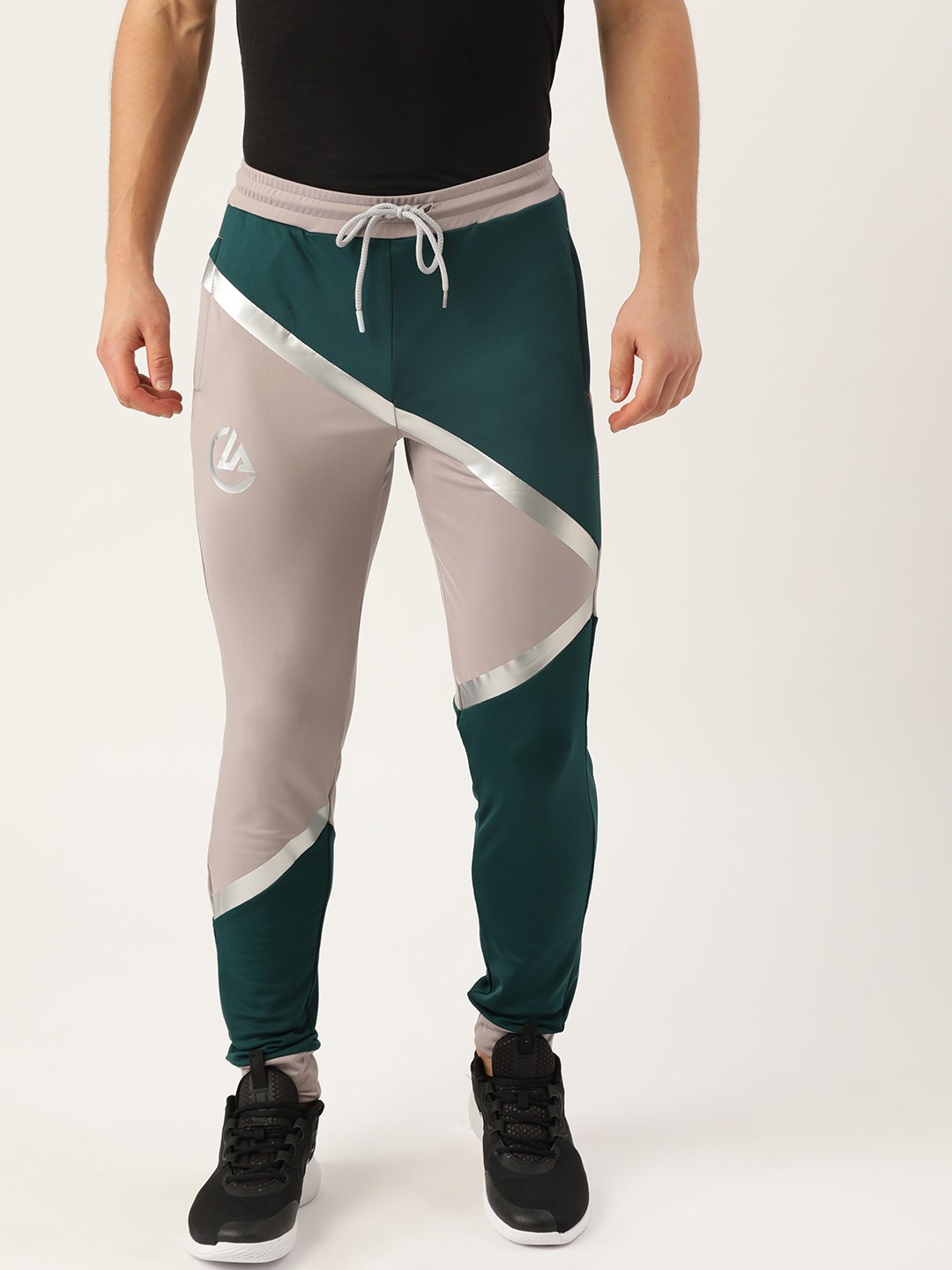 

ACTOHOLIC Men Grey & Teal Green Colourblocked Joggers