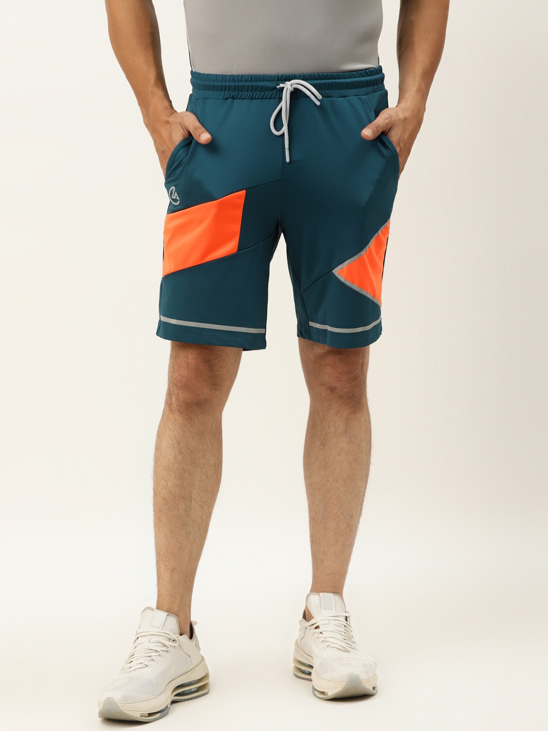 

ACTOHOLIC Men Teal Blue & Coral Orange Colourblocked Regular Fit Sports Shorts