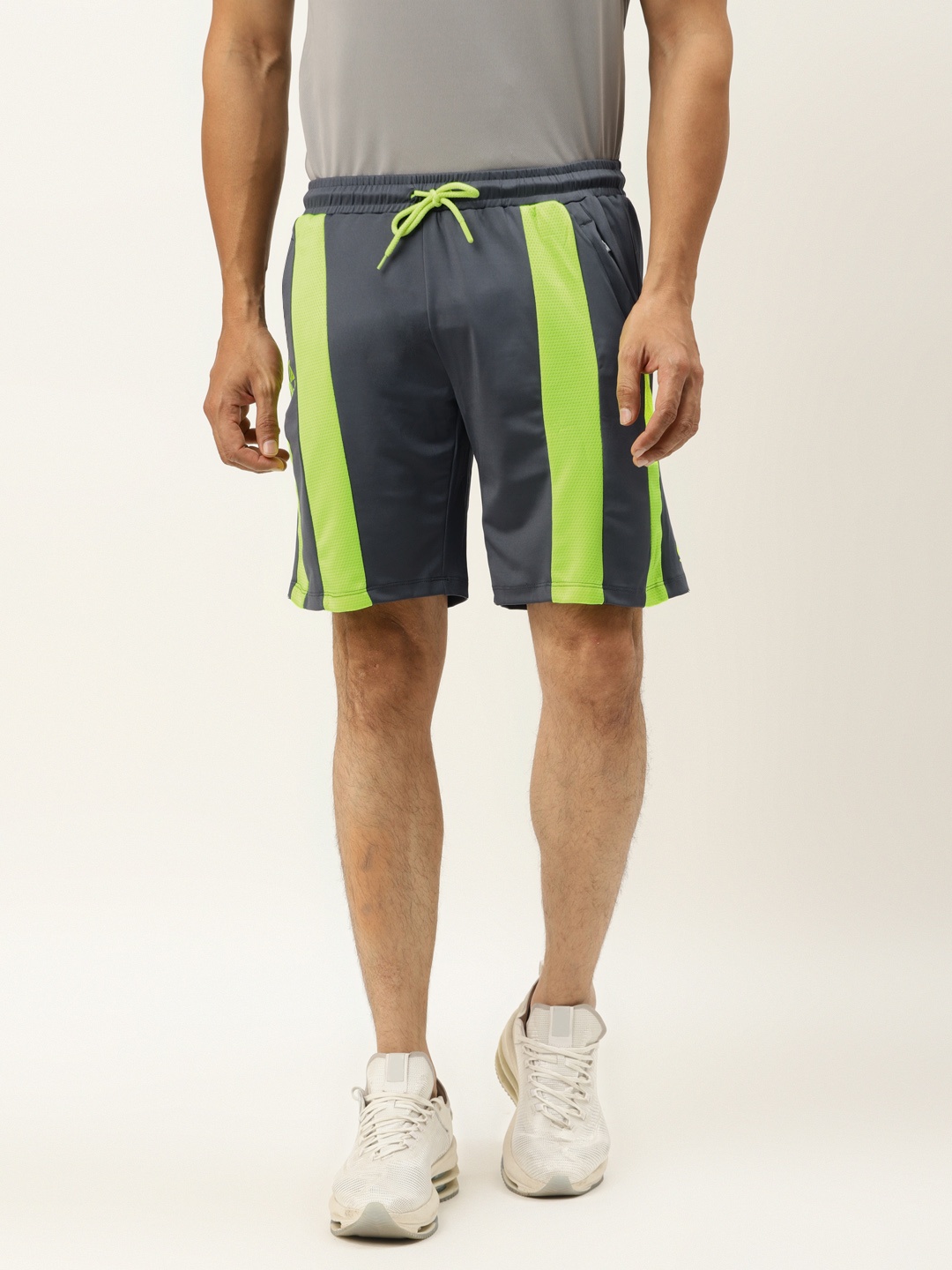 

ACTOHOLIC Men Grey & Fluorescent Green Mesh Striped Regular Fit Sports Shorts