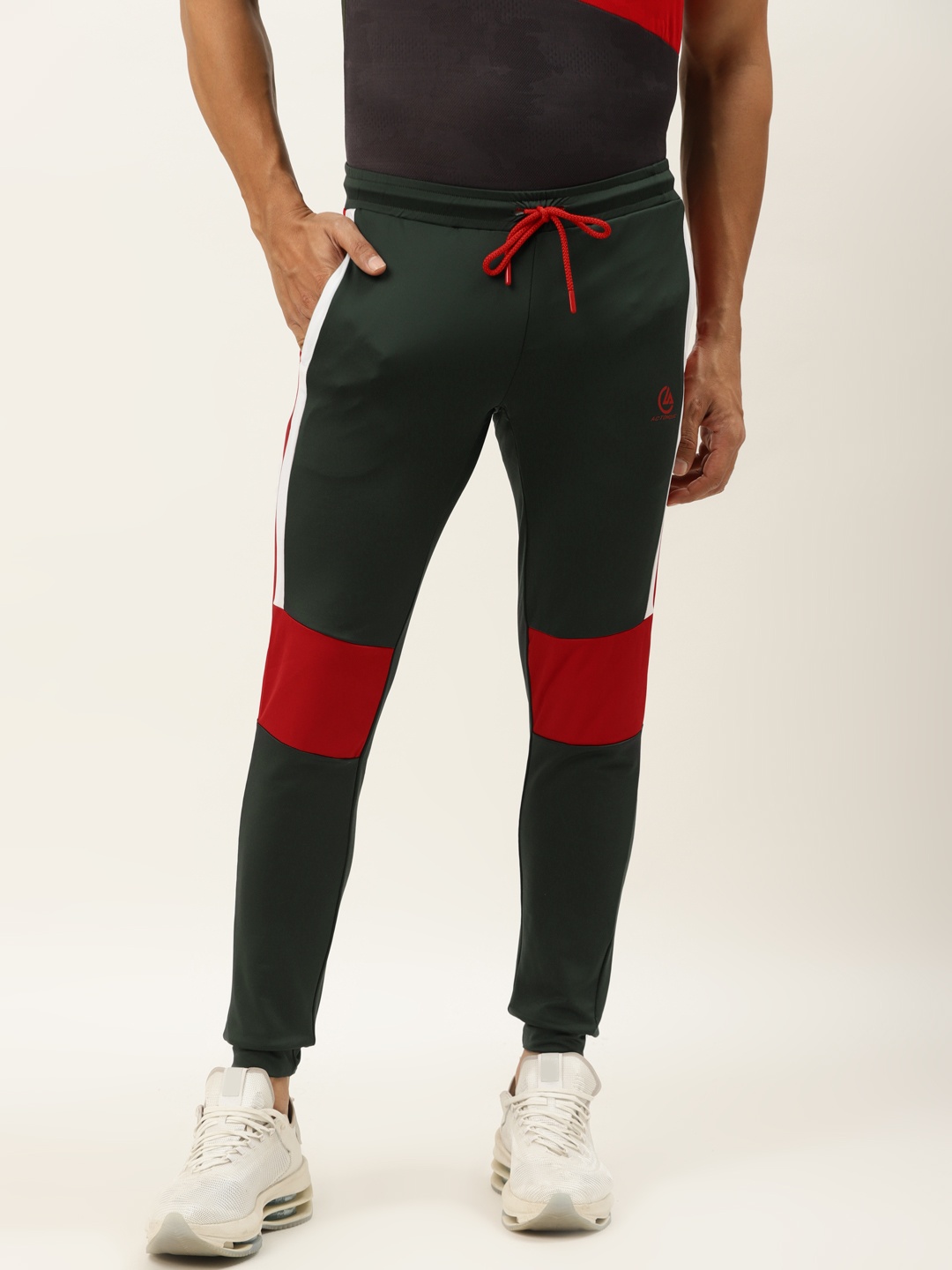 

ACTOHOLIC Men Olive Green & Red Colourblocked Joggers with Striped Detail