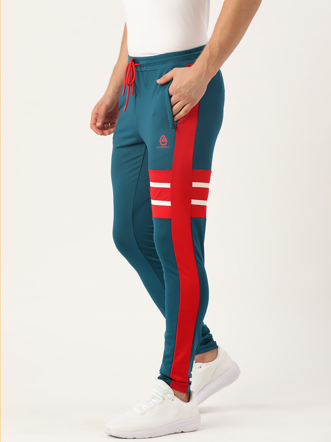 

ACTOHOLIC Men Teal Blue & Red Solid Track Pants with Striped Detail