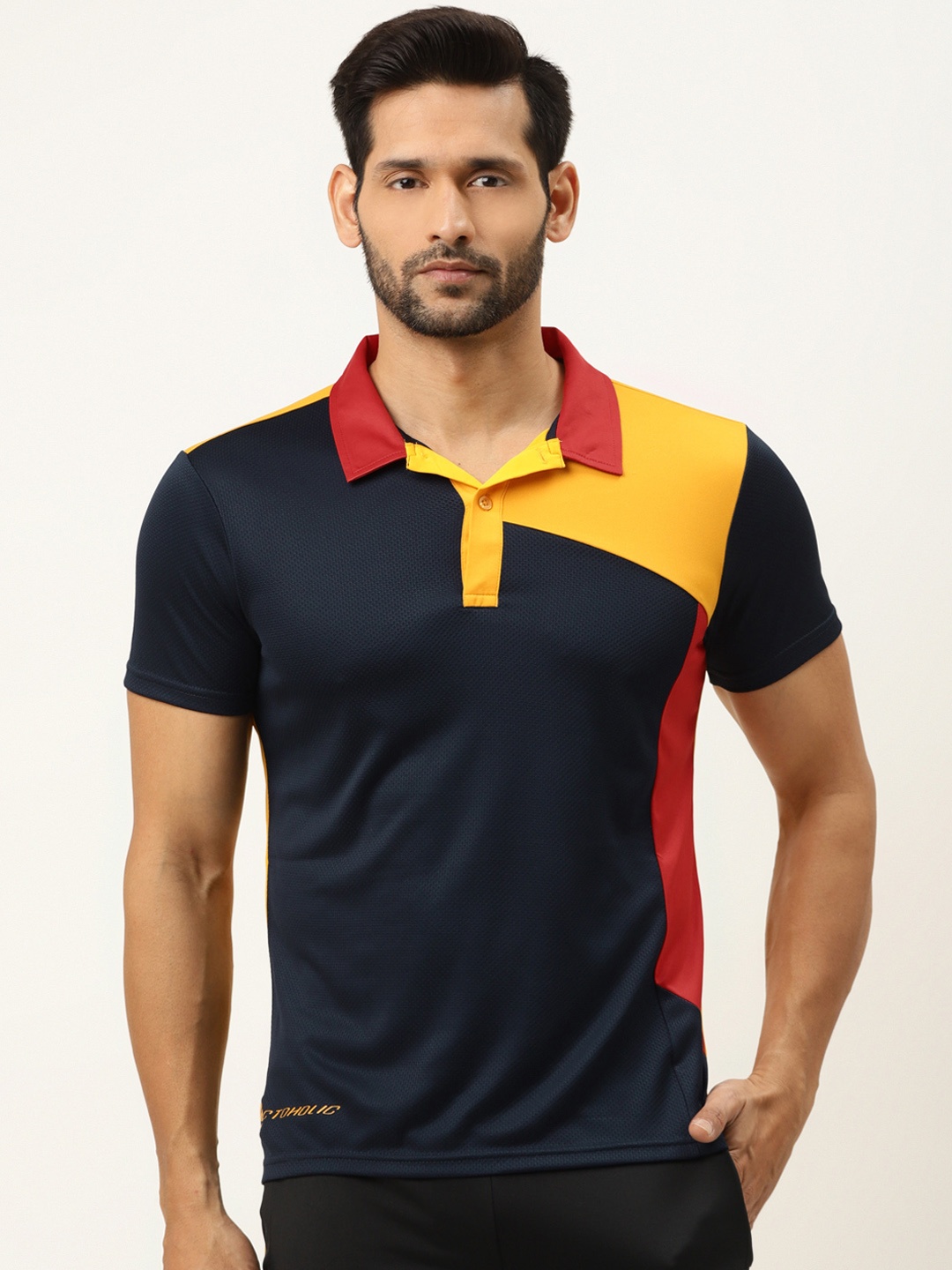 

ACTOHOLIC Men Navy & Yellow Colourblocked Polo Collar T-shirt, Navy blue