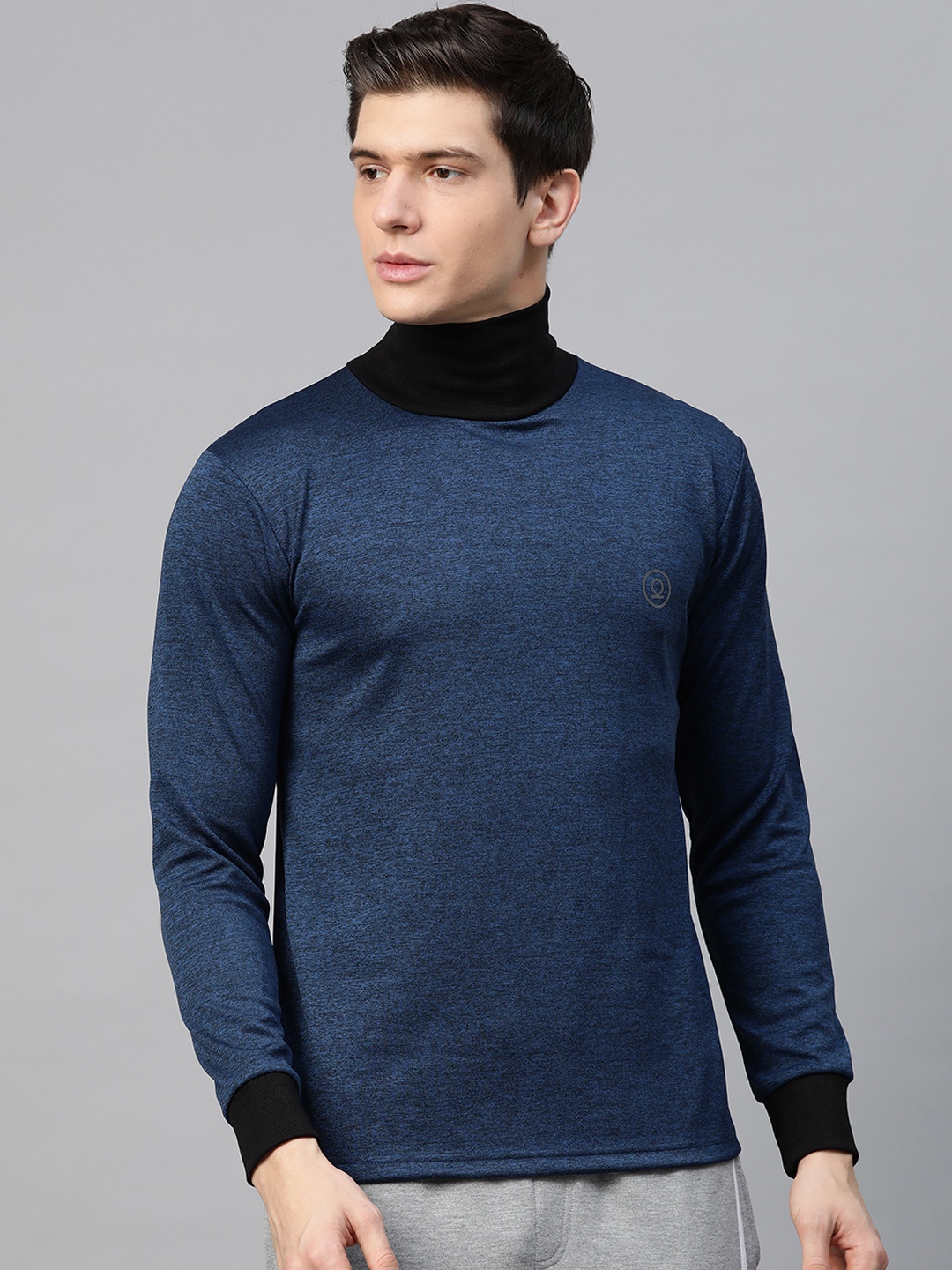 

CHKOKKO Men Navy Blue Solid High Neck T-shirt