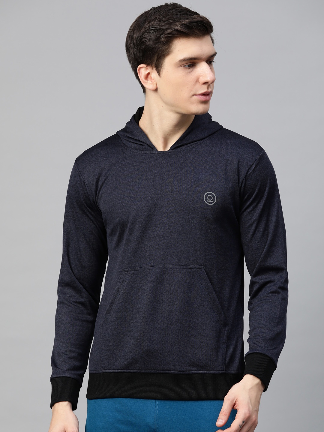 

CHKOKKO Men Navy Blue & Black Solid Hooded Sweatshirt