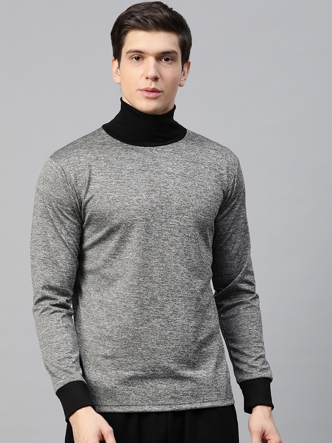 

CHKOKKO Men Charcolal Grey Solid High Neck T-shirt, Charcoal