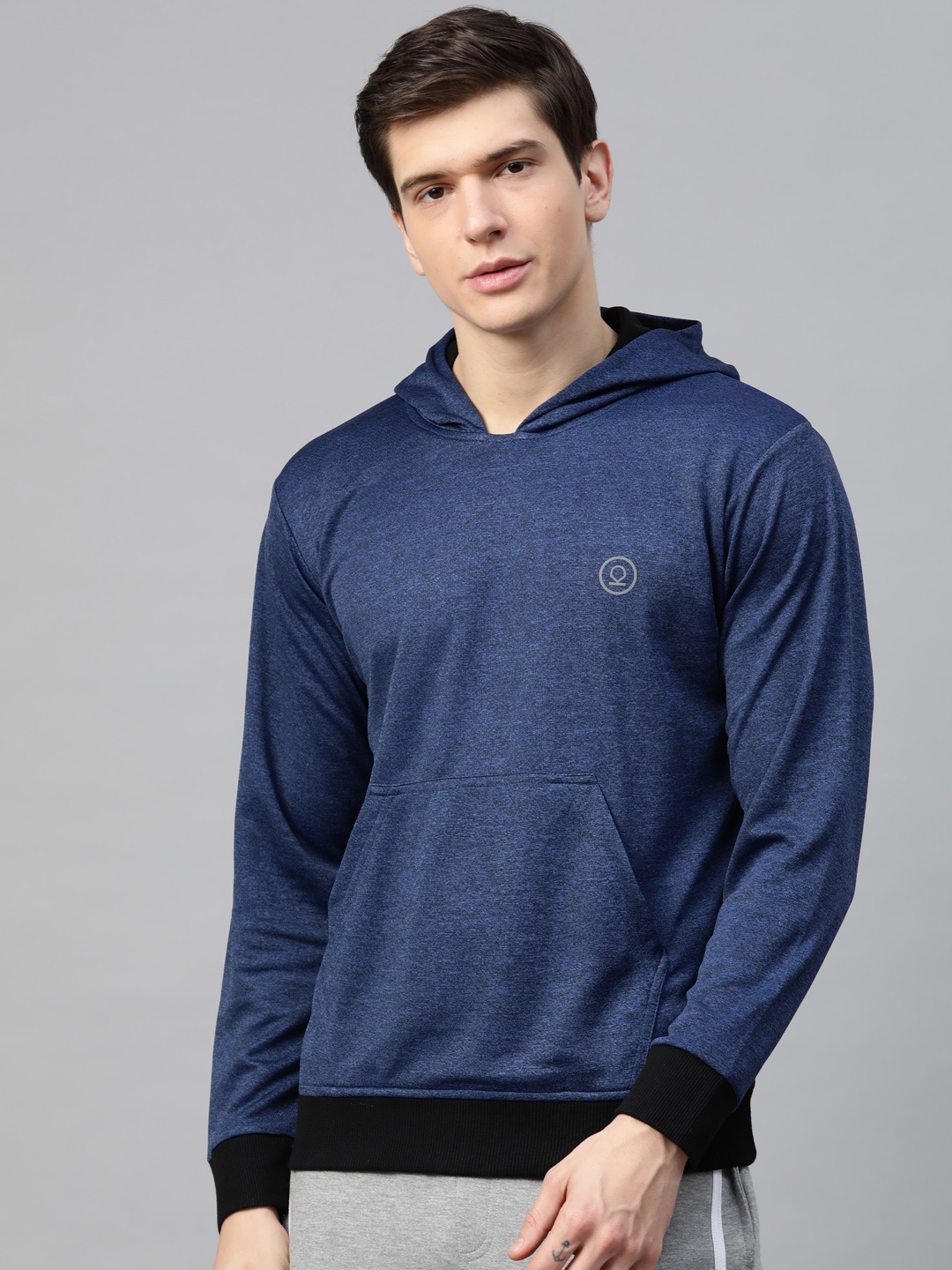

CHKOKKO Men Blue & Black Solid Hooded Sweatshirt