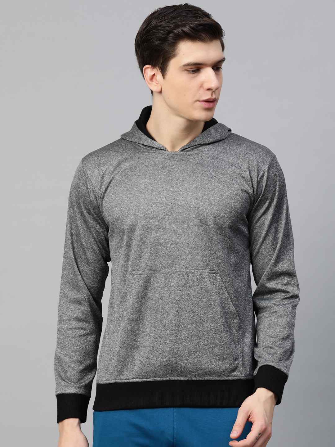 

CHKOKKO Men Grey Melange & Black Solid Hooded Running Sweatshirt