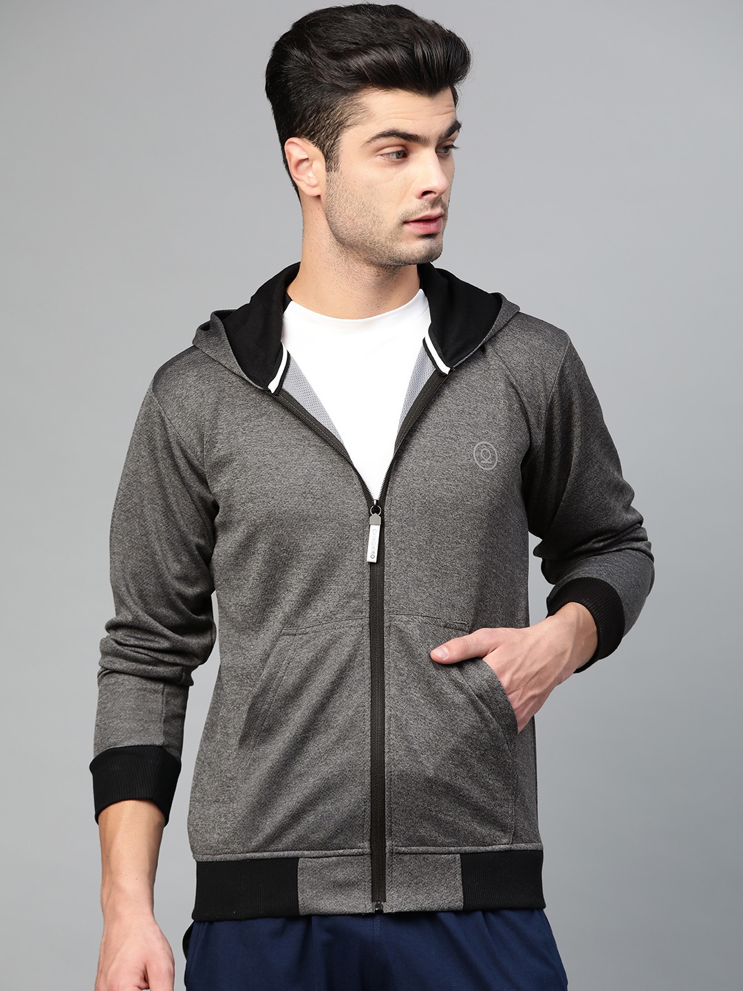 

CHKOKKO Men Grey Melange Solid Hooded Running Sweatshirt