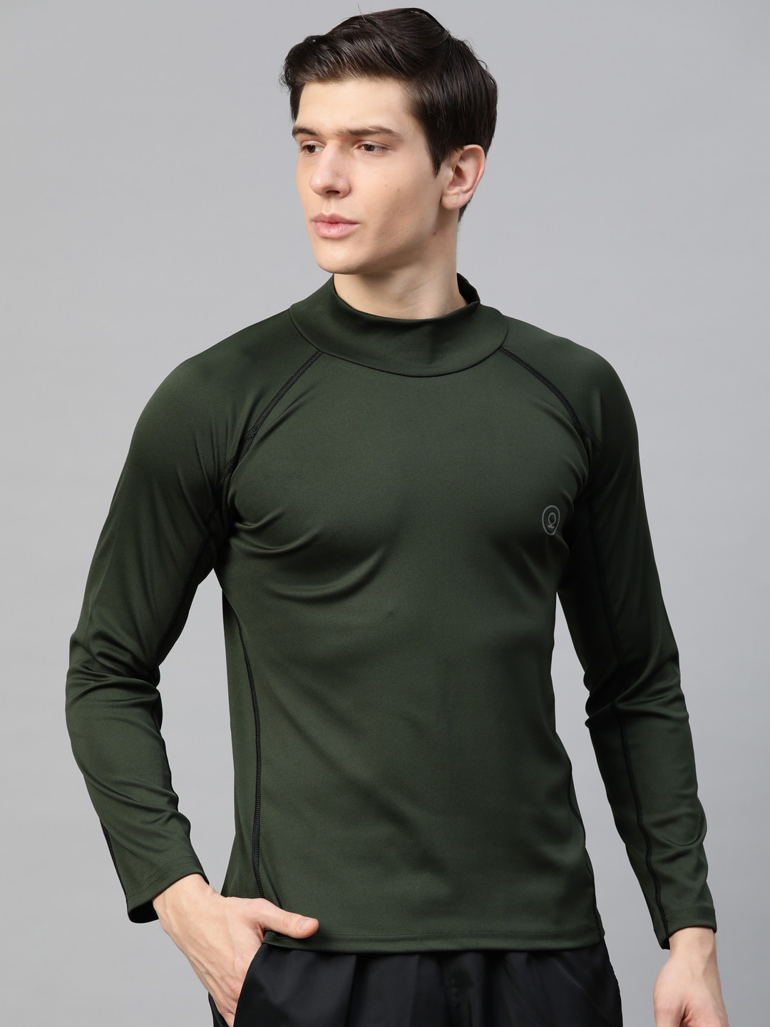 

CHKOKKO Men Olive Green Solid Dri-FIT High Neck Gym T-shirt
