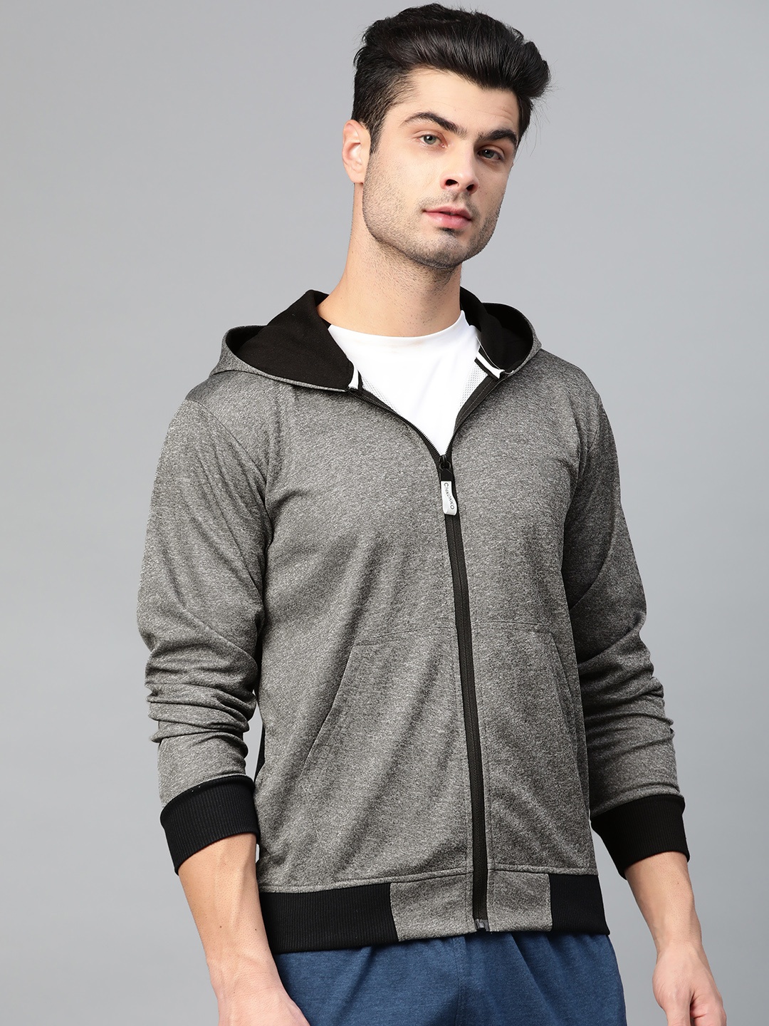 

CHKOKKO Men Grey Solid Hooded Running Sweatshirt
