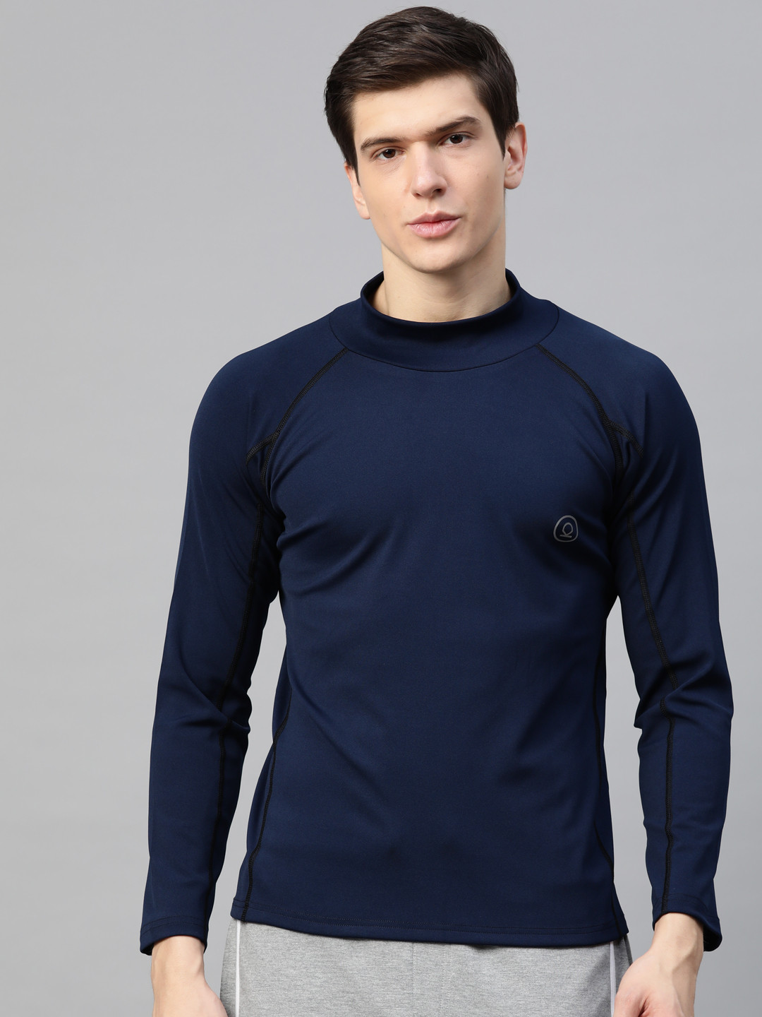 

Chkokko Men Navy Blue Solid Dri-FIT High Neck Compression Gym T-shirt