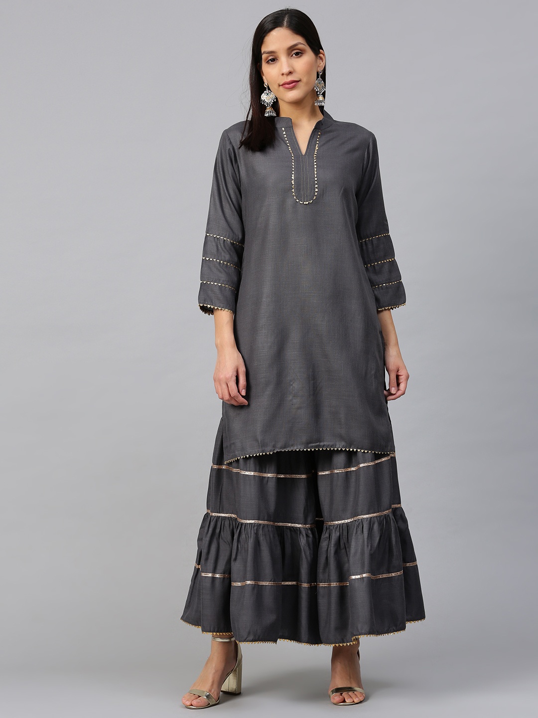 

Bhama Couture Women Charcoal Grey Gotta Patti Kurta with Sharara