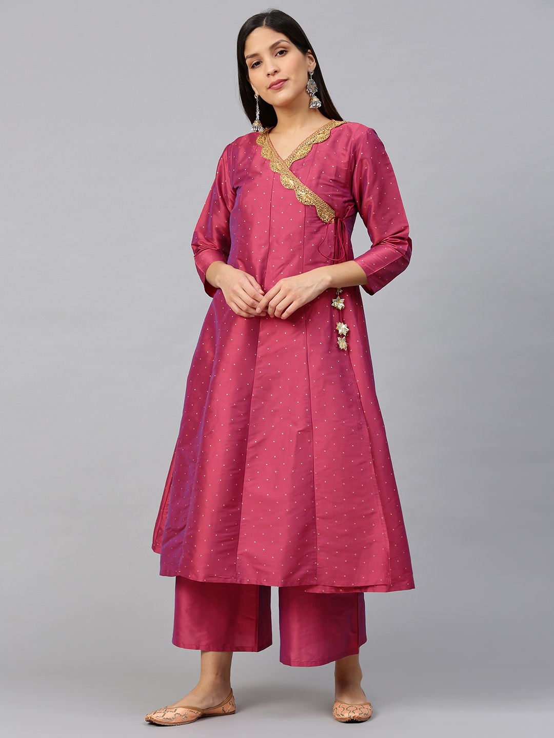 

Bhama Couture Women Pink & Golden Self Design Angrakha Anarkali Kurta with Palazzos