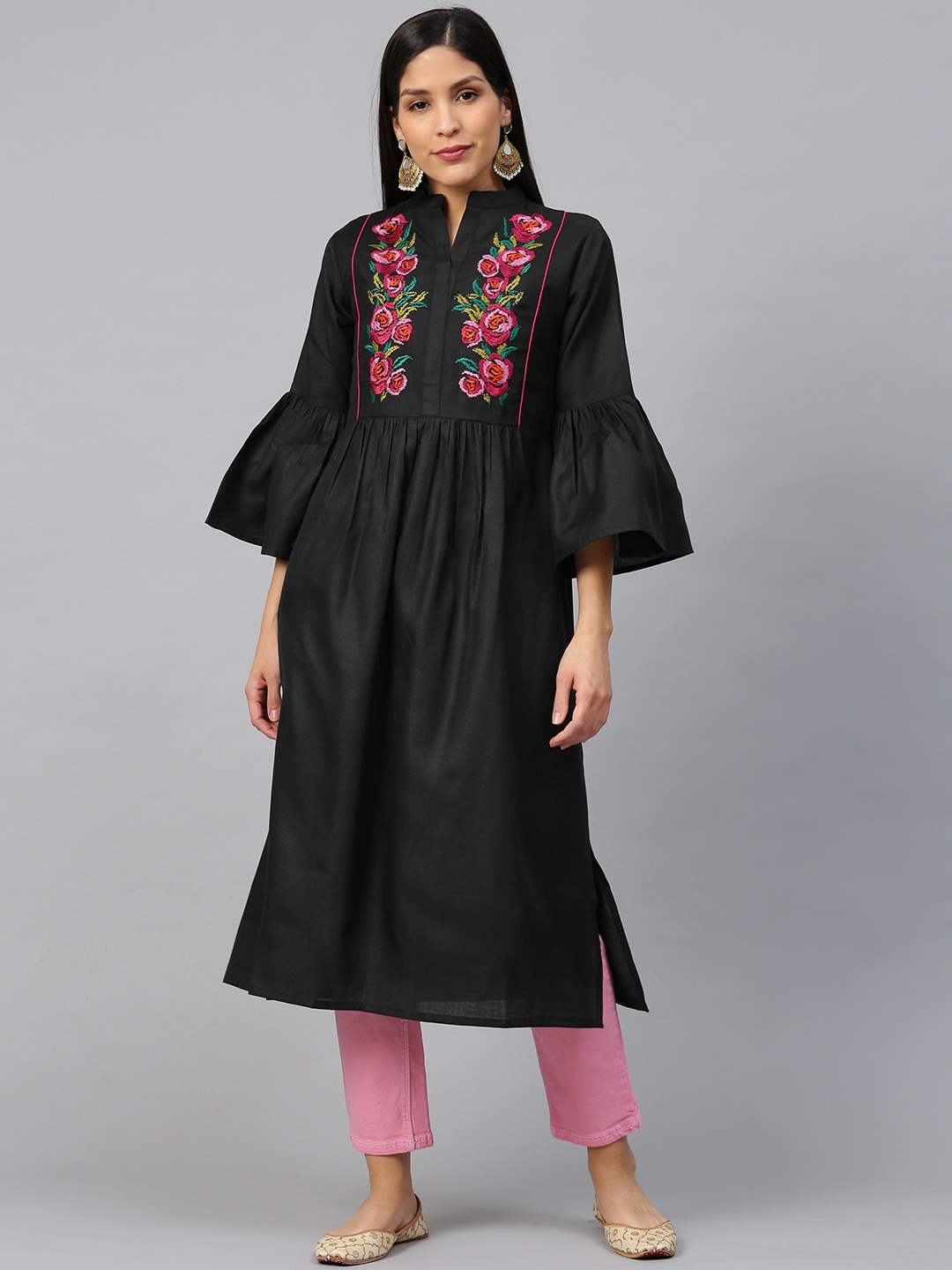 

Bhama Couture Women Black & Pink Floral Embroidered Yoke Design Straight Kurta