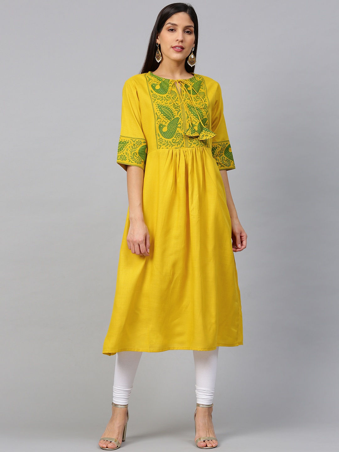 

Bhama Couture Women Yellow & Green Block Print Yoke Design A-Line Kurta