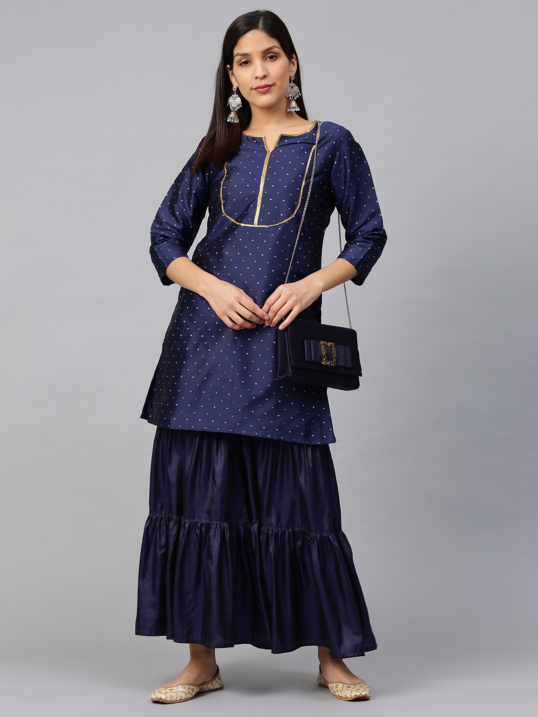 

Bhama Couture Women Navy Blue & Golden Satin Finish Self Design Kurta with Sharara