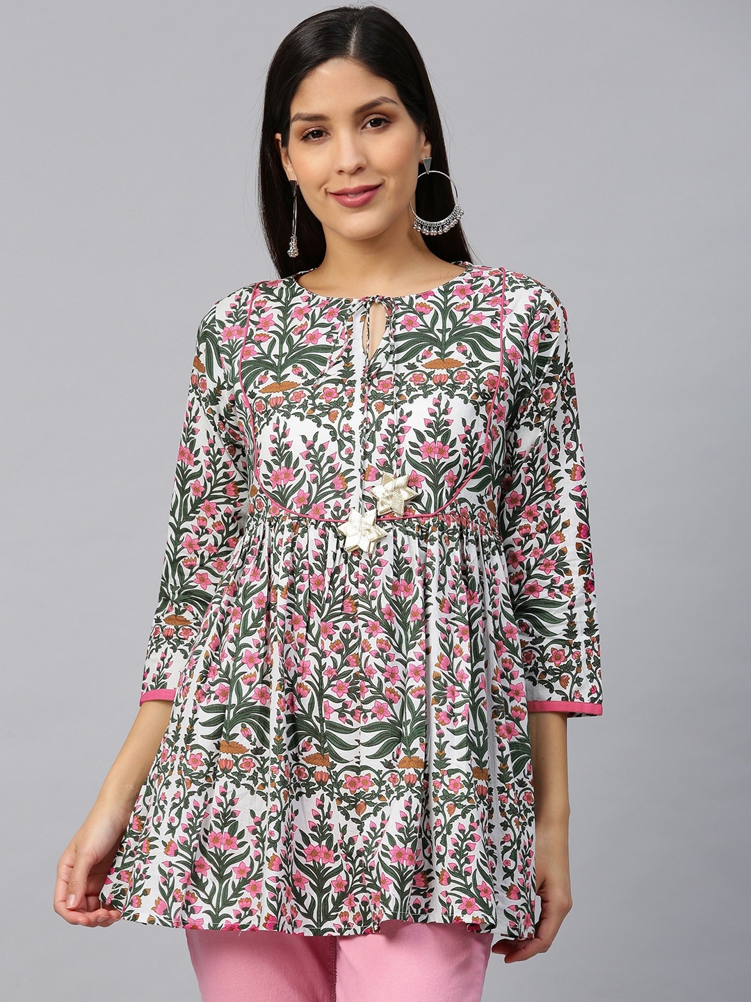 

Bhama Couture White & Pink Printed Pure Cotton A-Line Empire Kurti