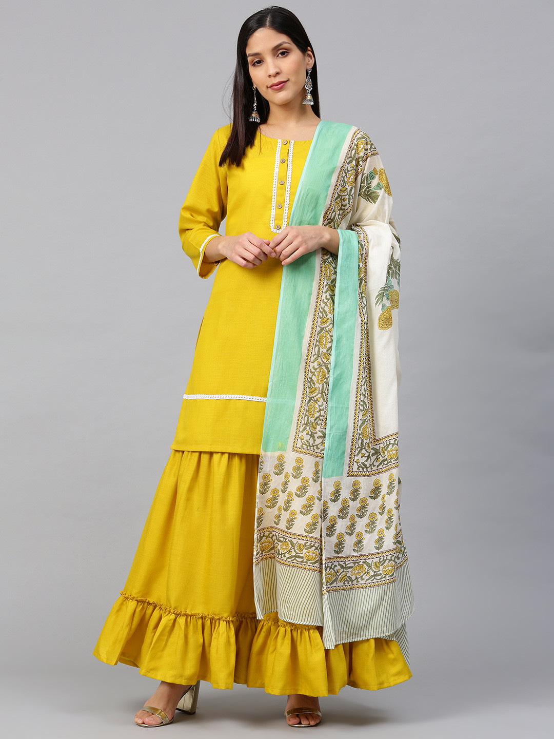 

Bhama Couture Women Mustard Yellow Solid Kurta with Sharara & Dupatta