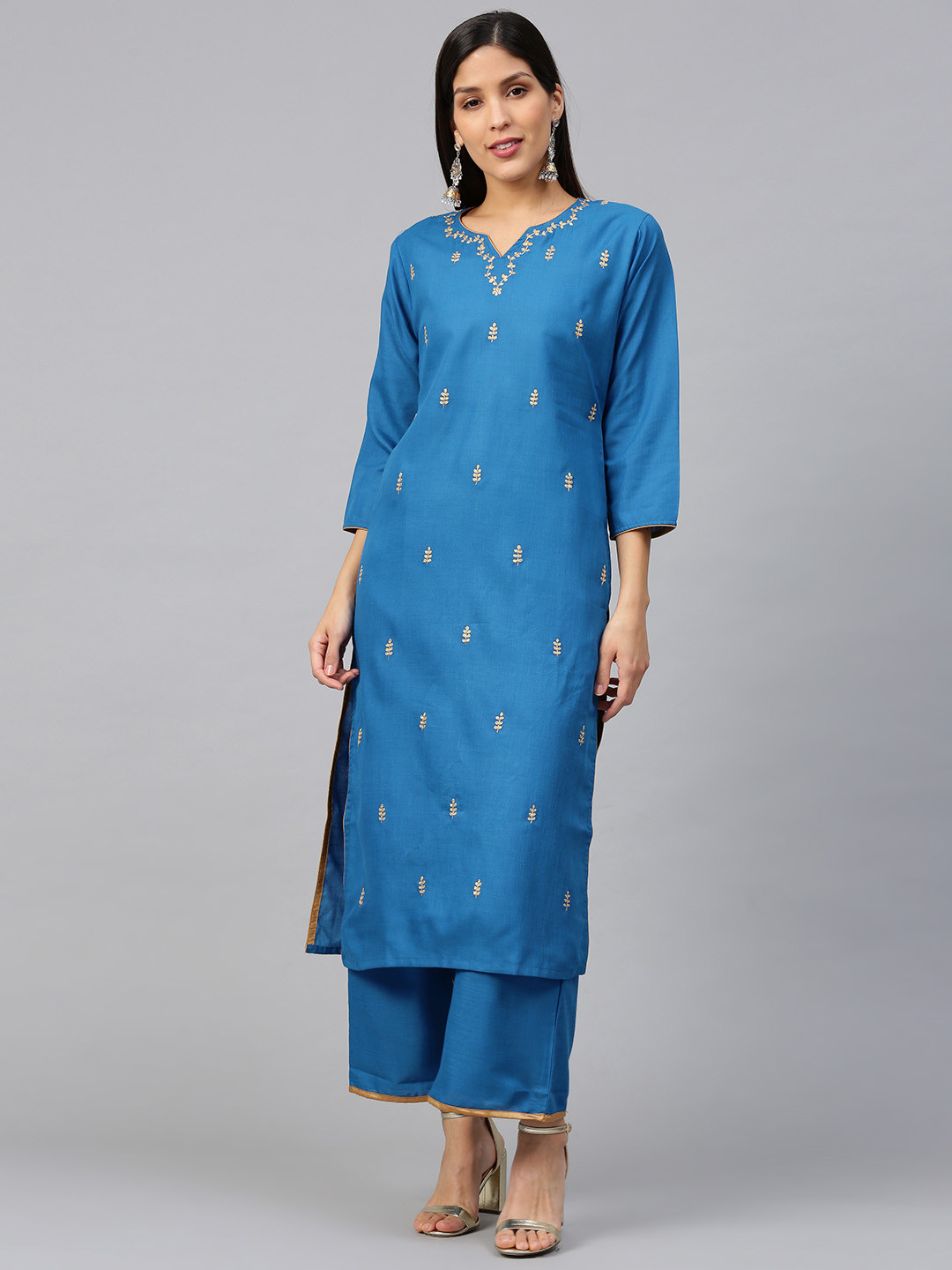 

Bhama Couture Women Teal Blue & Golden Gotta Patti Embroidered Kurta with Palazzos
