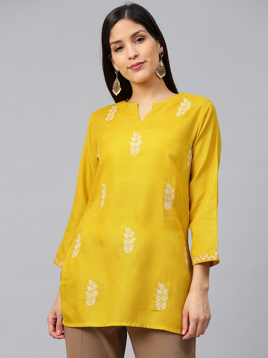 

Bhama Couture Women Mustard Yellow & Off-White Embroidered Pure Cotton Straight Kurti