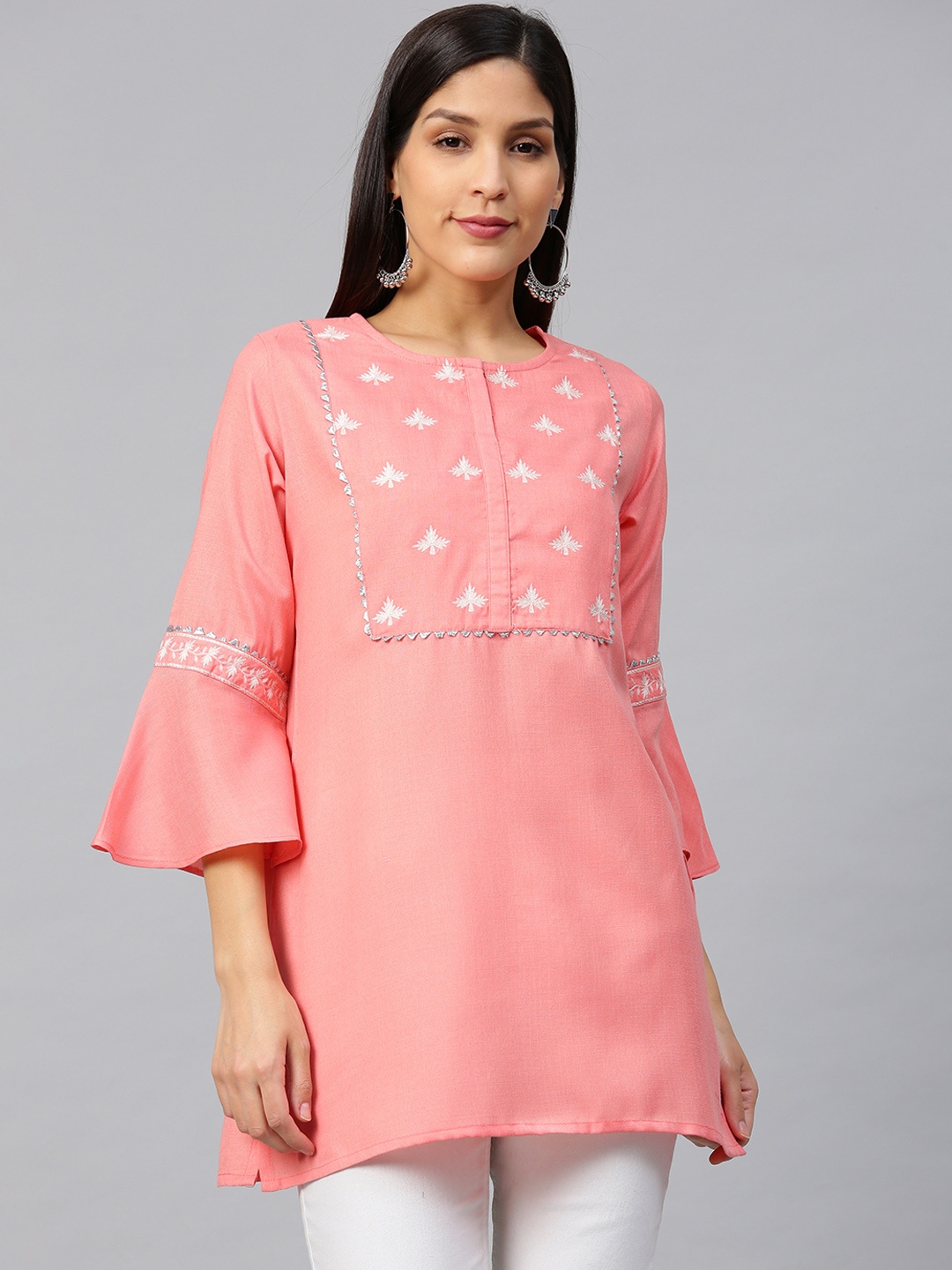 

Bhama Couture Women Coral Pink & Off-White Yoke Design Pure Cotton Straight Kurti