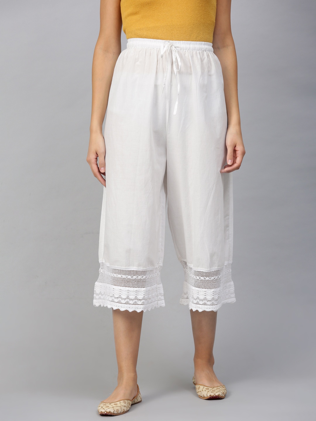 

Bhama Couture Women White Lace Hem Design Straight Leg Cropped Palazzos