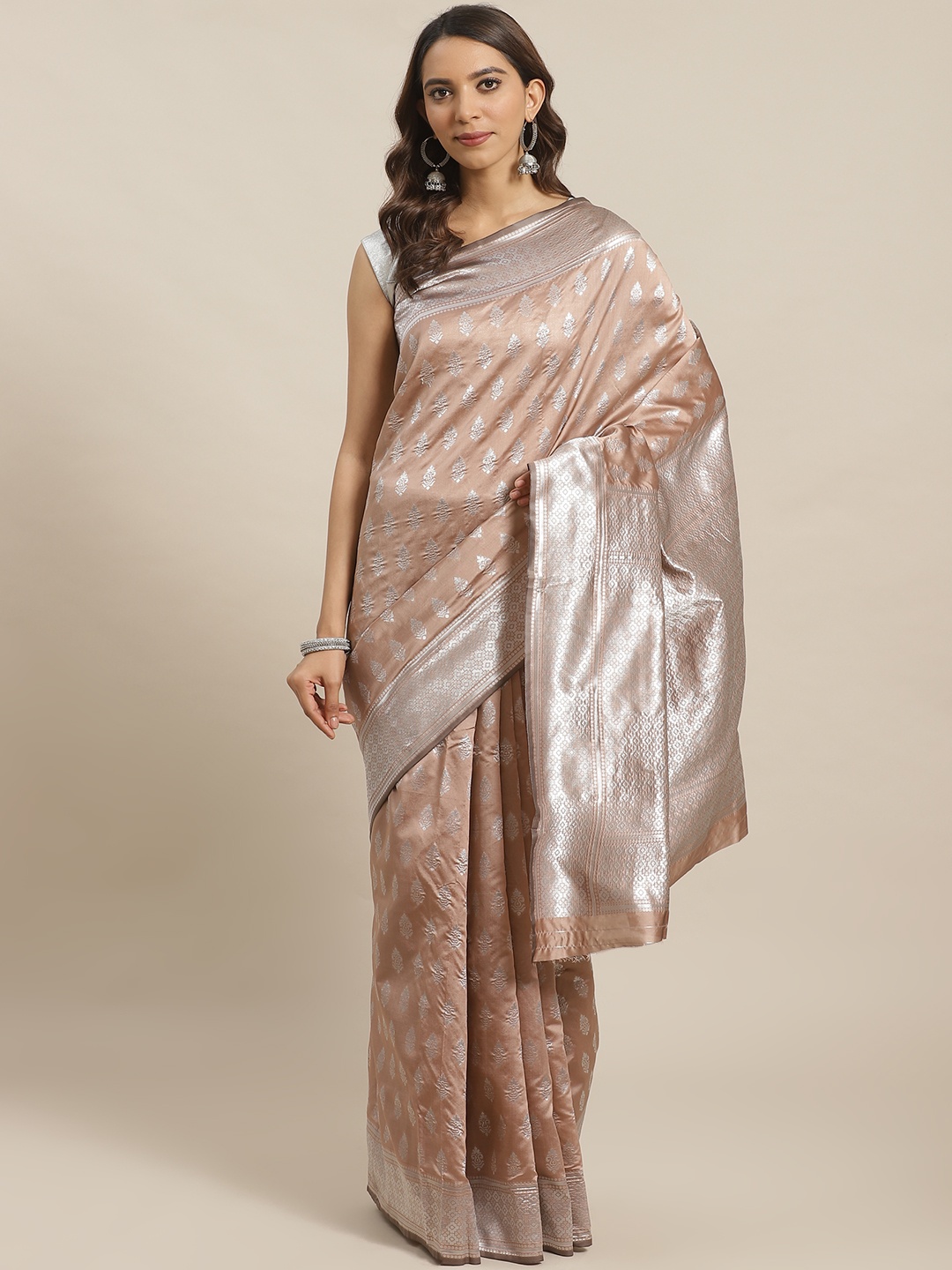 

Shaily Dusty Pink ige & Silver Zari Woven Design Saree