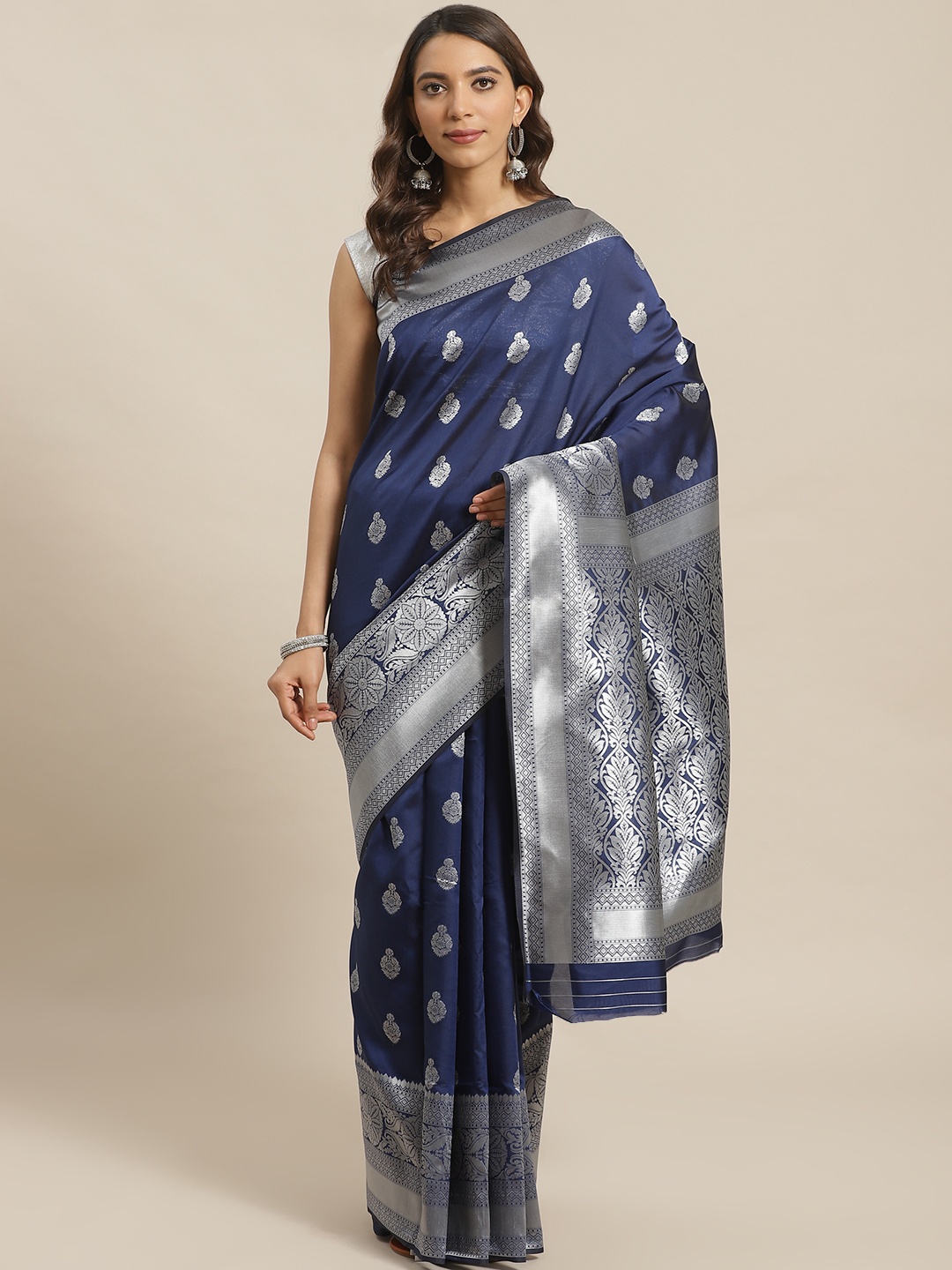 

Shaily Navy Blue & Silver Zari Woven Design Saree