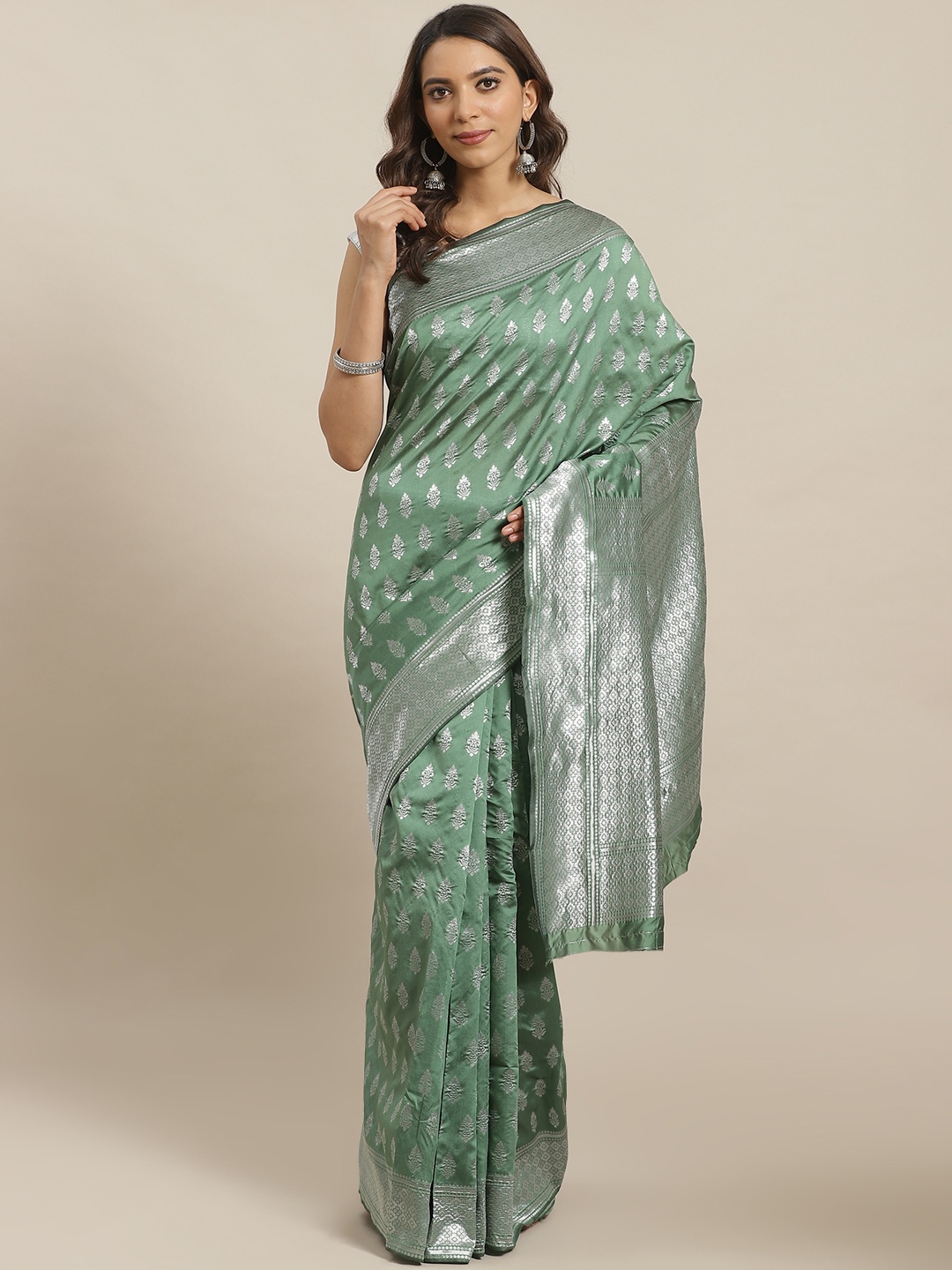

Shaily Green & Silver Zari Woven Design Saree