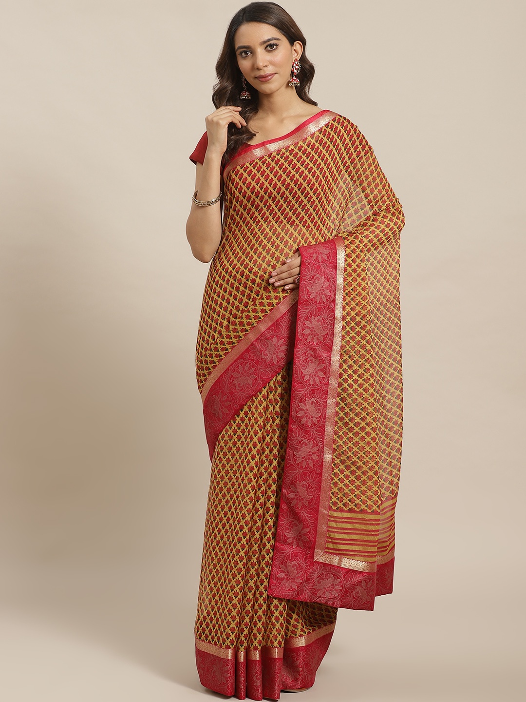 

Shaily Mustard Yellow & Maroon Printed Saree