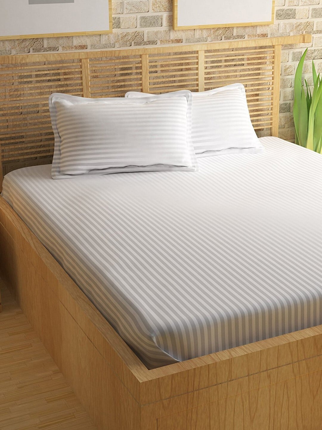 

eCraftIndia White Striped 210 TC Cotton 1 King Bedsheet with 2 Pillow Covers