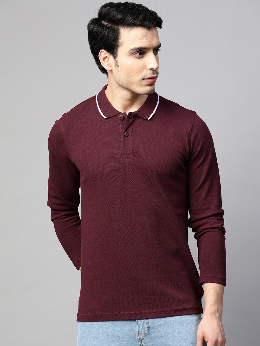 

ManQ CASUAL Men Burgundy Solid Polo Pure Cotton T-shirt