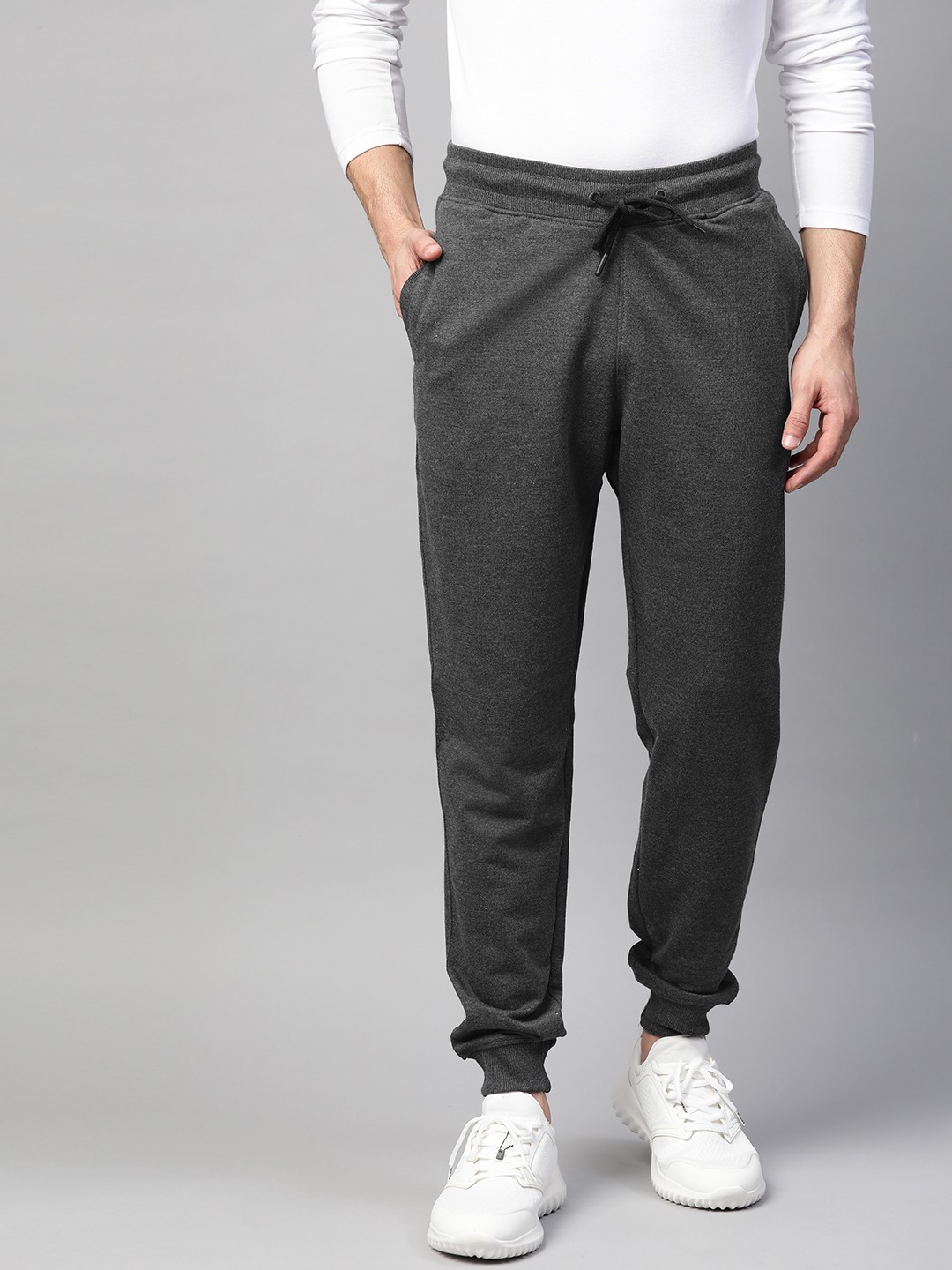 

ManQ CASUAL Men Charcoal Grey Solid Slim Fit Joggers with Side Stripe Detail