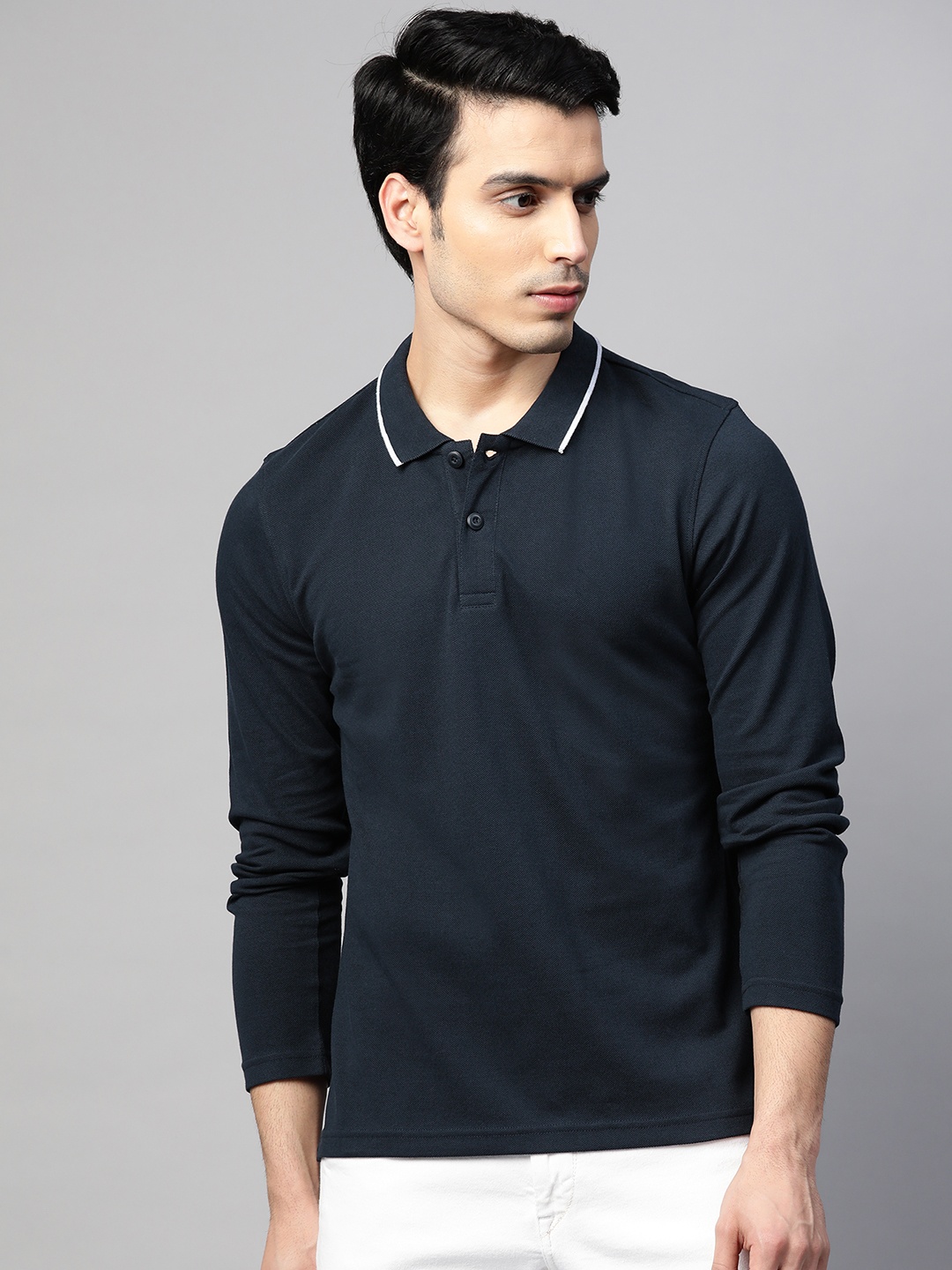 

ManQ CASUAL Men Navy Blue Solid Slim Fit Polo Collar Pure Cotton T-shirt