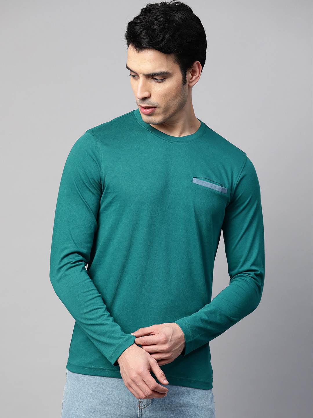 

ManQ CASUAL Men Teal Solid Slim Fit Pure Cotton T-shirt
