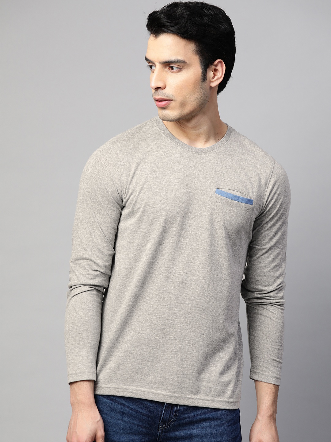 

ManQ CASUAL Men Grey Melange Solid Slim Fit T-shirt