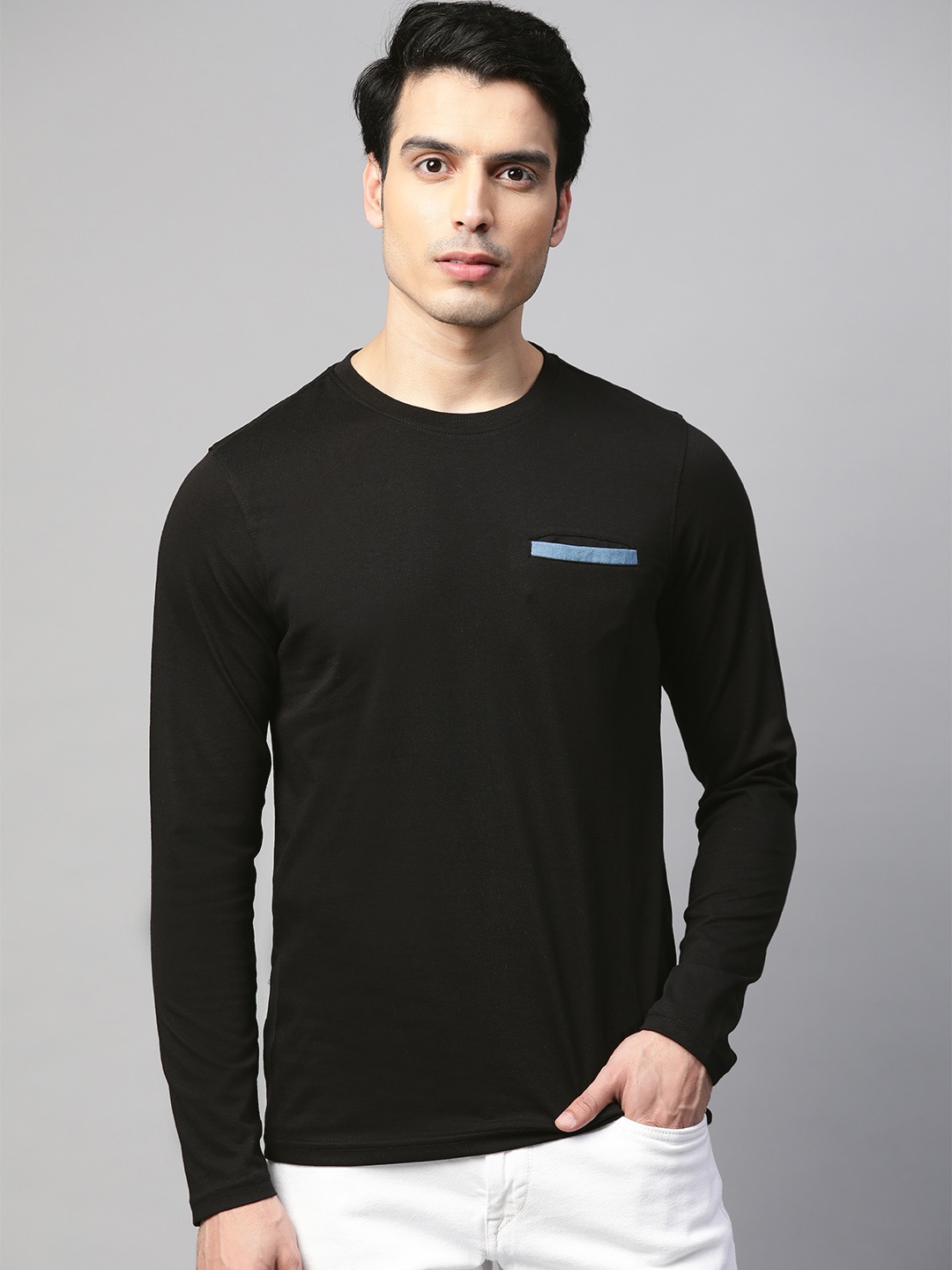 

ManQ CASUAL Men Black Solid Slim Fit Round Neck Pure Cotton T-shirt