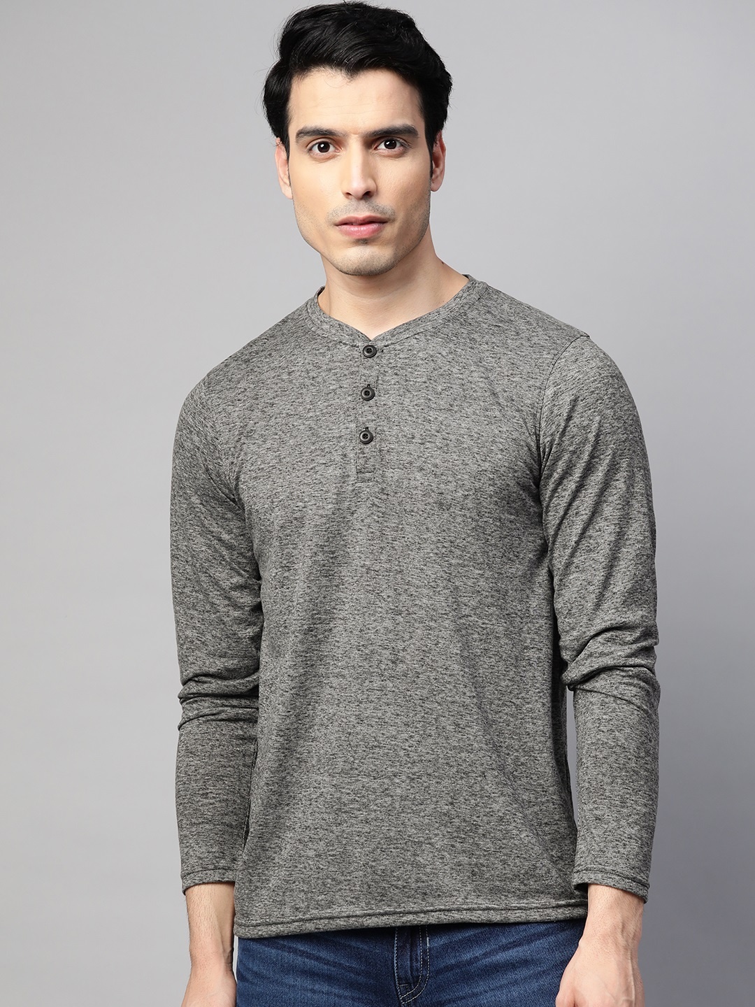 

ManQ CASUAL Men Charcoal Solid Slim Fit Pure Cotton T-shirt