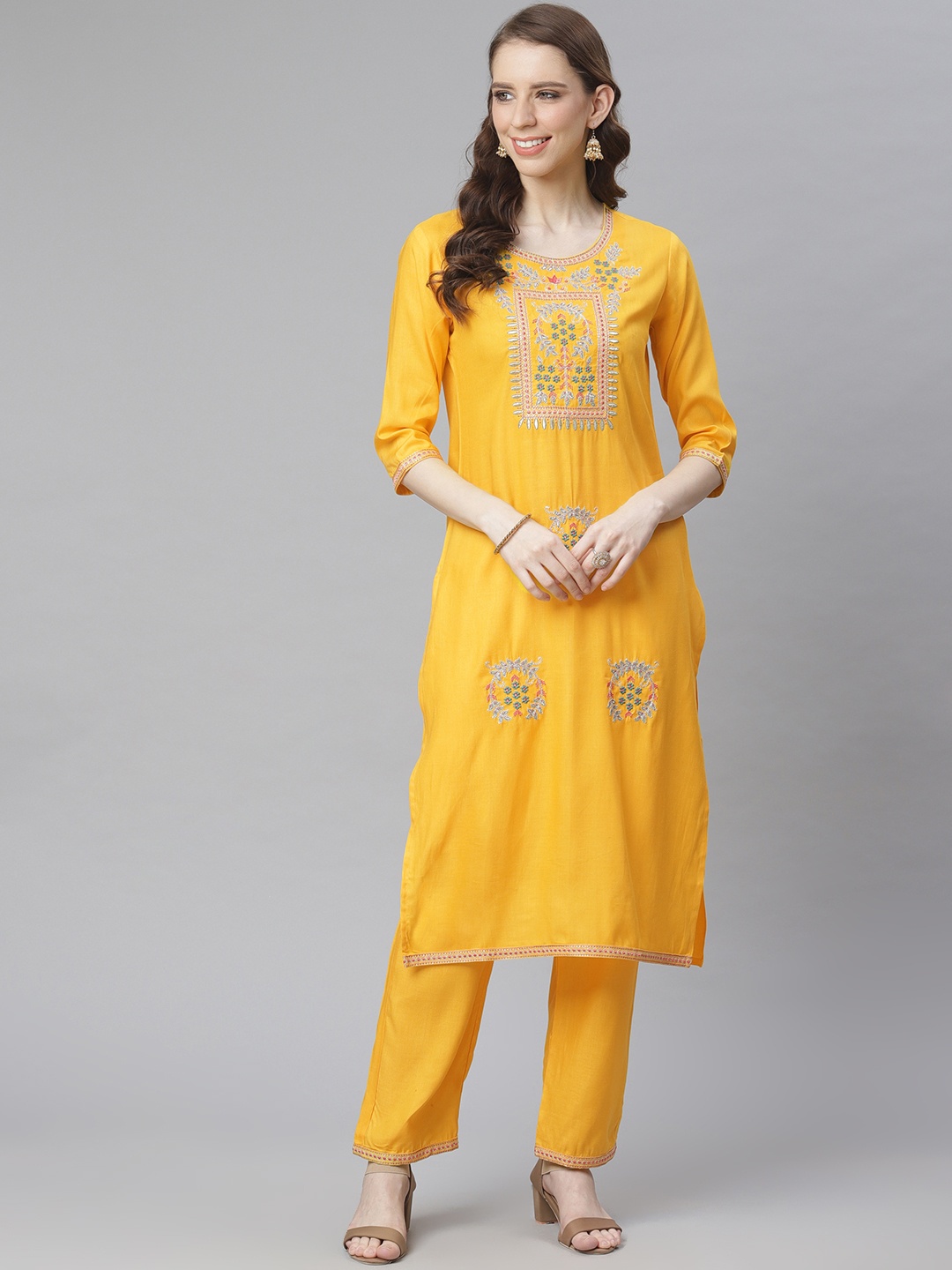 

Anubhutee Women Yellow & Green Embroidered Kurta with Trousers