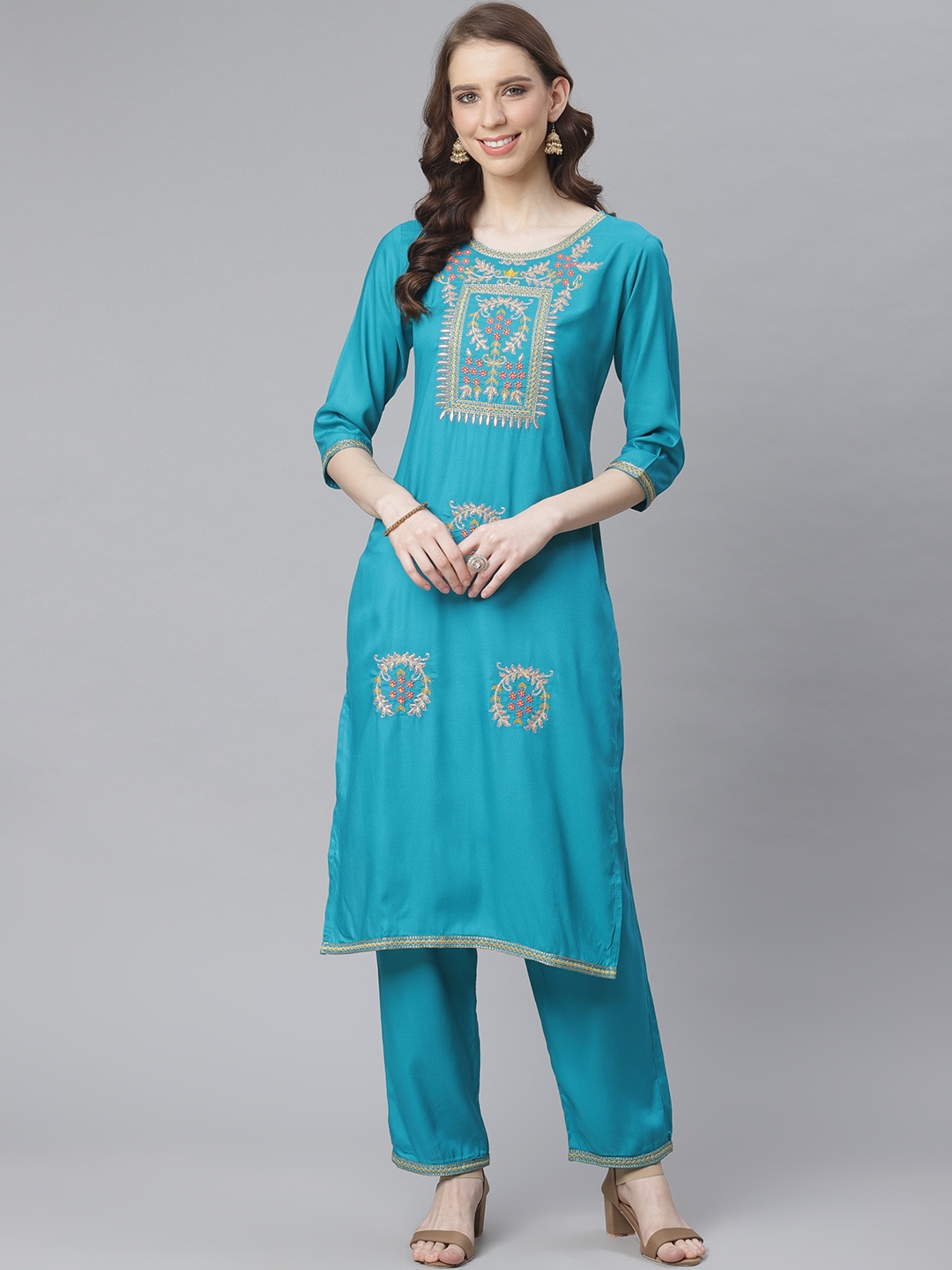 

Anubhutee Women Blue & Yellow Embroidered Kurta with Trousers