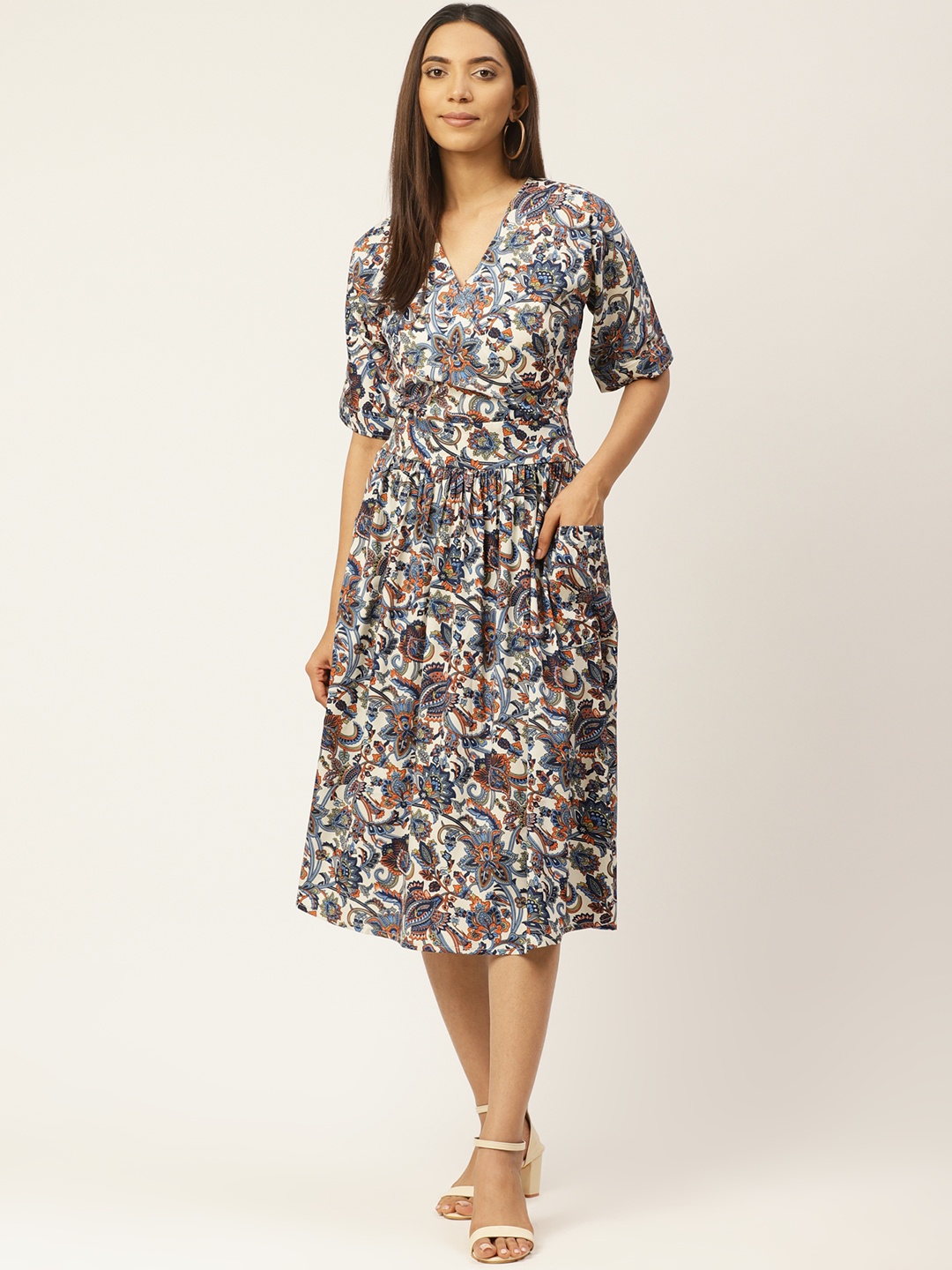 

Cottinfab Women Off-White & Blue Printed Wrap Dress